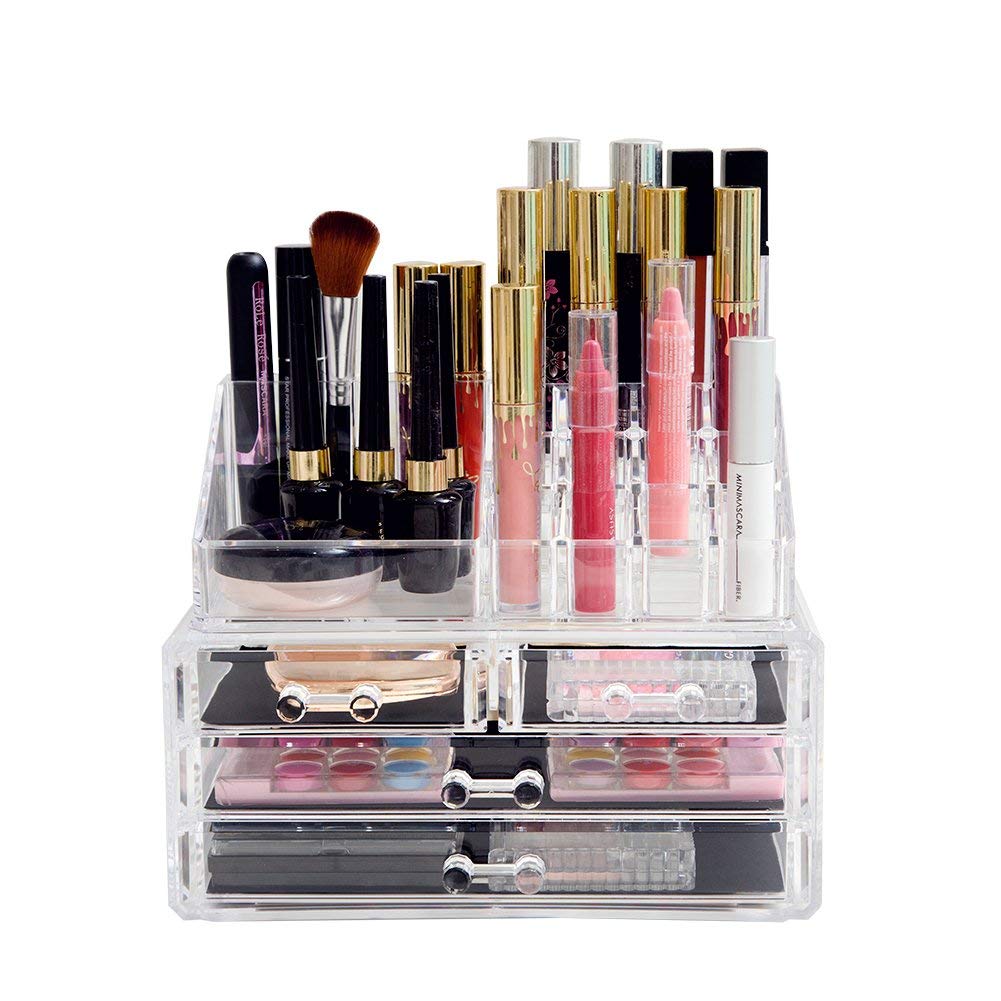 Clear Acrylic Cosmetic Display Case & Jewelry Storage Box - Makeup Organizer for Hair Accessories, Bathroom Vanity & Countertop Organization - Perfect for Home, Salon, and Retail Store Display