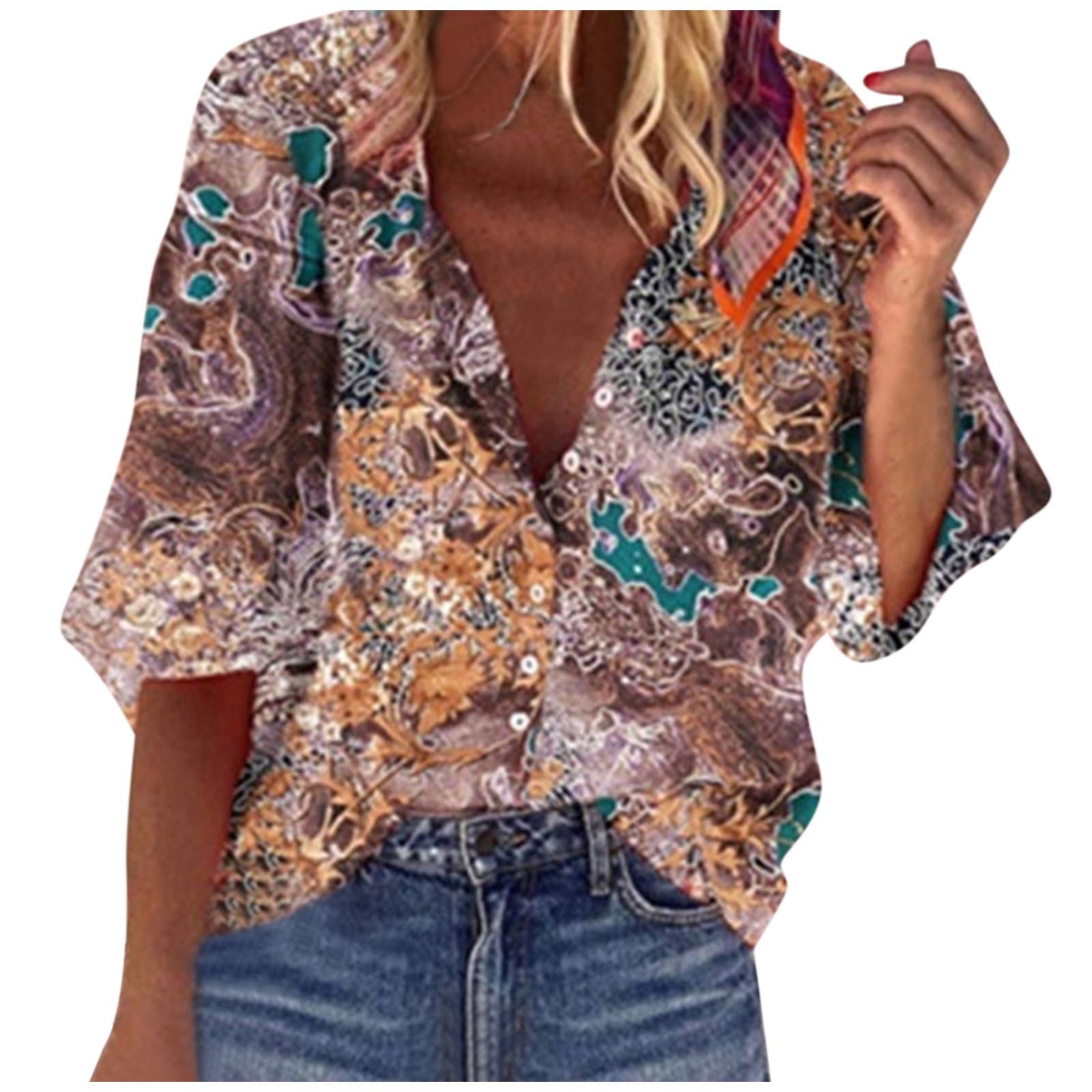Women's Loose Tie Front Button Down Shirts - Floral Print Long Sleeve Casual Tops for Summer | Perfect for Office Wear, Beach Cover-ups & Everyday Fashion