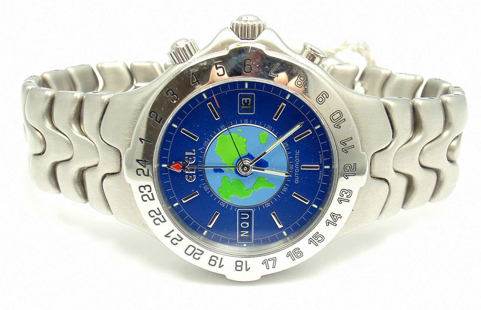 Authentic Ebel Stainless Steel Blue Dial Sportwave World Time Watch for Men - Luxury Waterproof Chronograph Wristwatch - Perfect for Business, Travel & Outdoor Adventures