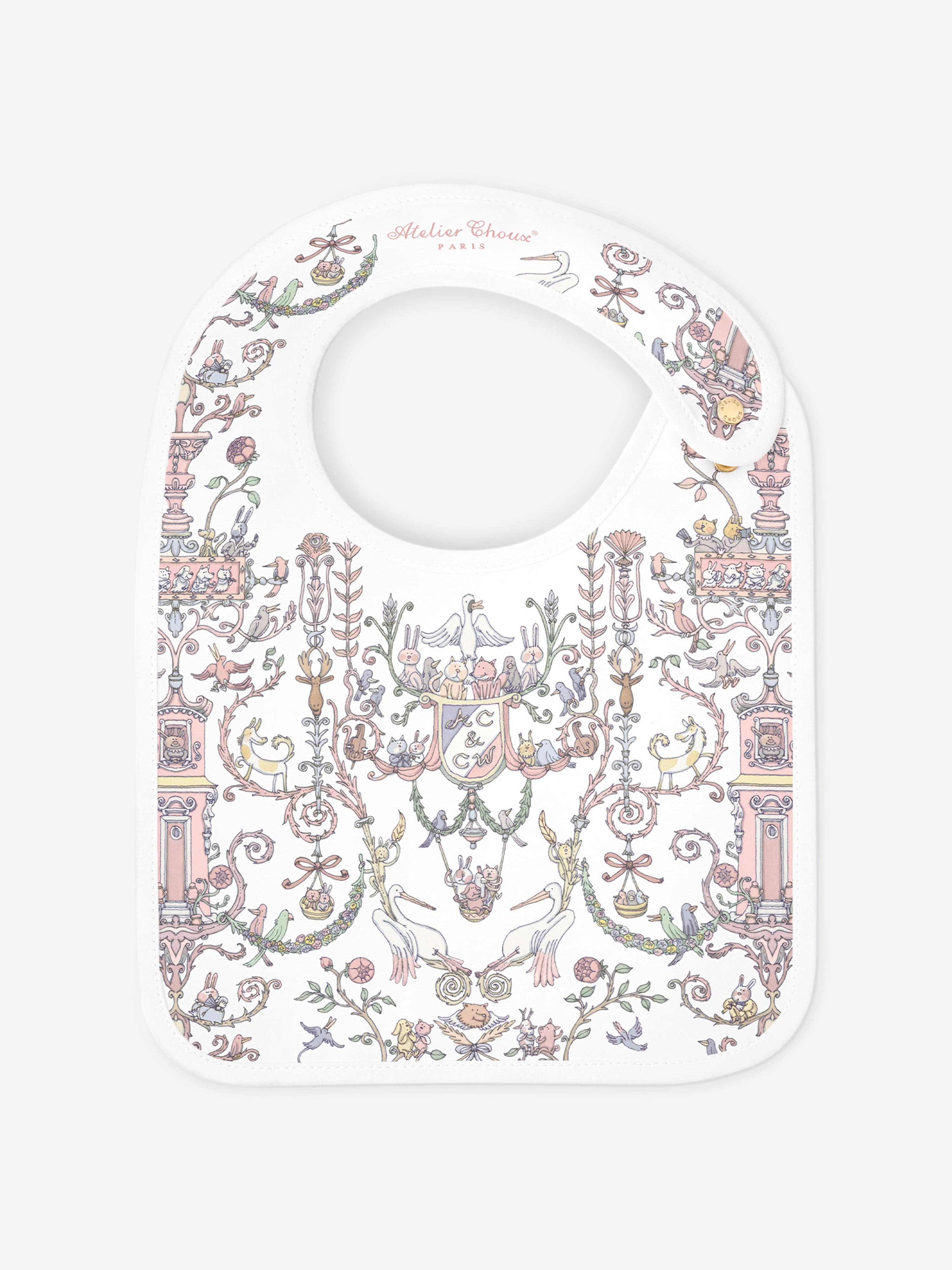 Atelier Choux Baby Girls Toile de Jouy Caitlin Wilson Satin Bib in Pink - Soft & Stylish Drool Bib for Newborns, Infants & Toddlers - Perfect for Feeding, Teething & Photo Shoots