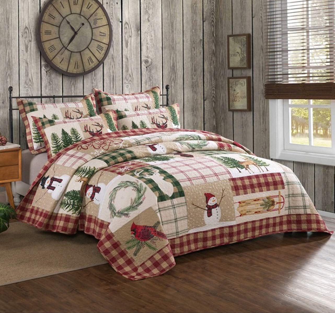 3-Piece Christmas Themed Bedspread Set - Cotton Snowman, Reindeer & Christmas Tree Design for Holiday Decor - Perfect for Bedroom, Living Room & Festive Home Decor