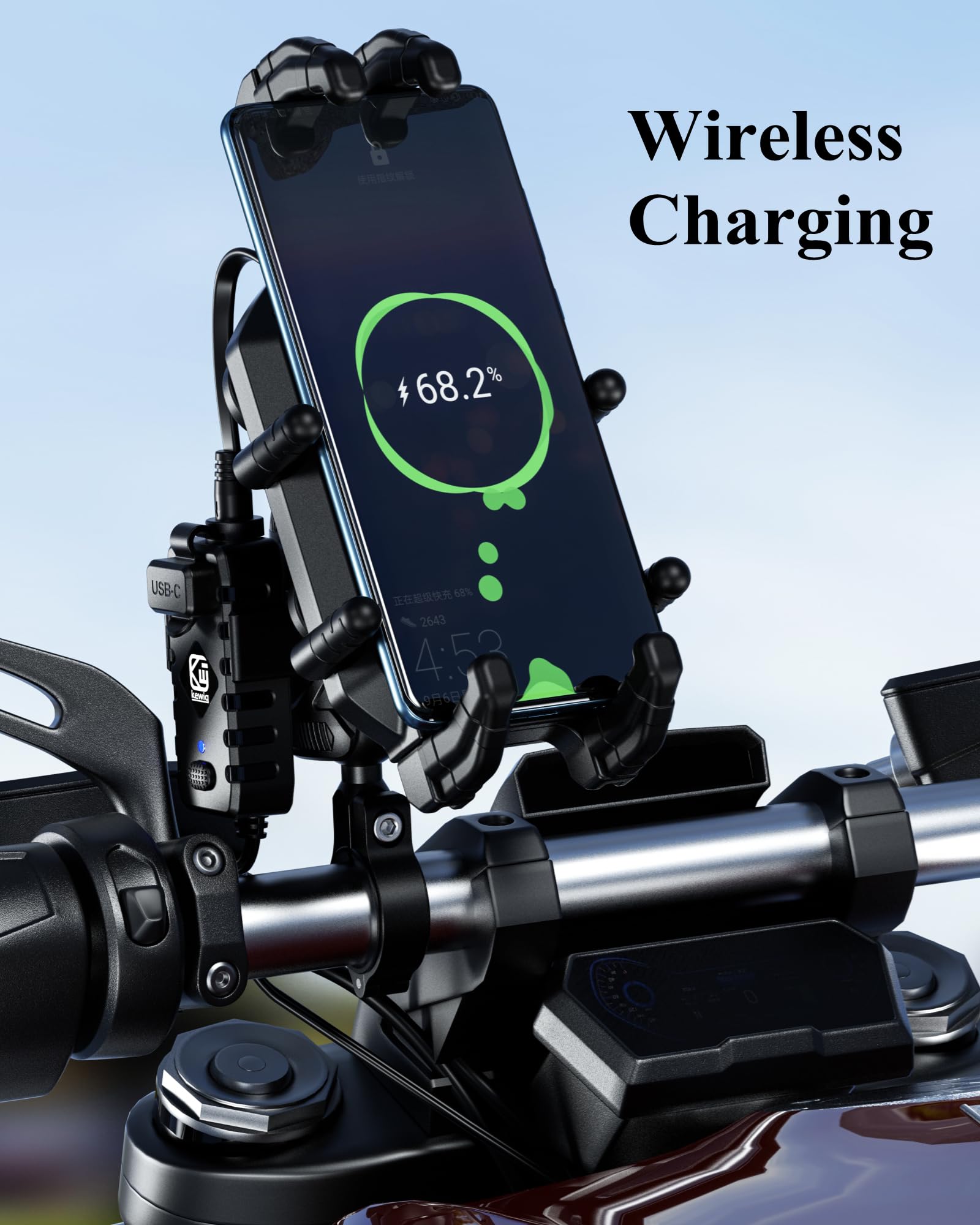 BRCOVAN Motorcycle Phone Mount with Qi 15W Wireless Charger & 30W PD/USB-C Fast Charging - Anti-Theft Handlebar Phone Holder with Vibration Dampener for 5.4''-7.2'' Smartphones - Perfect for Adventure Riding, Commuting & GPS Navigation