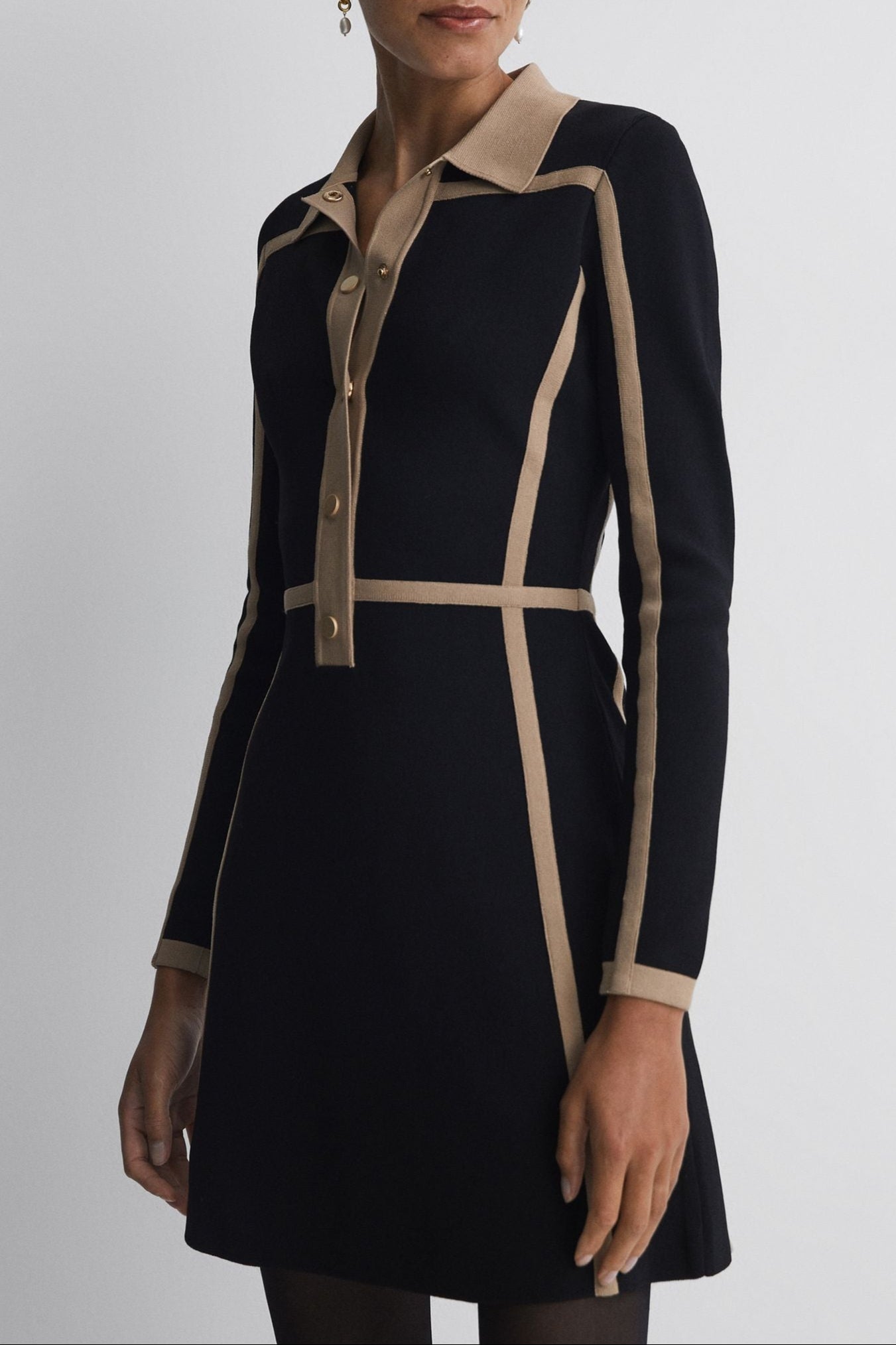 Black & Camel Contrast Trim Press Stud Mini Dress - Stylish & Flattering for Night Out, Party, or Date Night