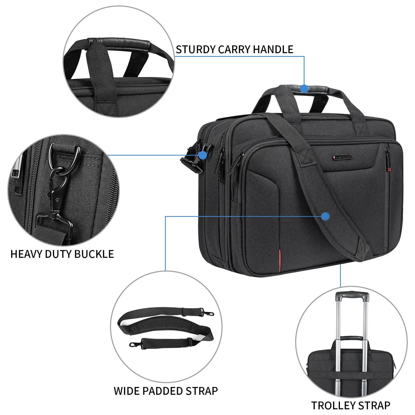 EMPSIGN Stylish 17.3 Inch Expandable Laptop Briefcase for Men - Water Repellent & RFID Blocking Messenger Bag - Perfect for Business Travel, Office Work & Daily Commute - Durable Shoulder Bag for Professionals - Black