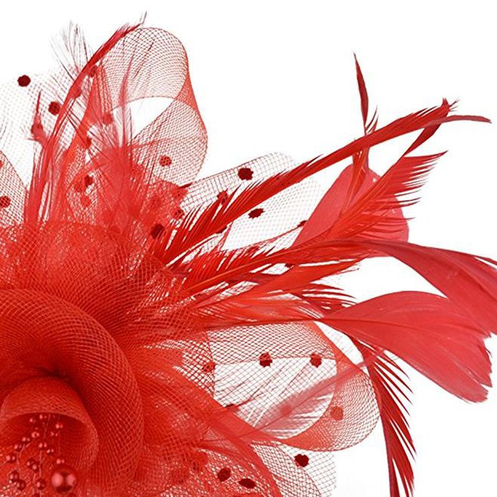 Elegant Women's Floral Mesh Ribbon Feather Headband - Tea Party & Cocktail Hat Accessory (Red, One Size) for Bridal Showers, Garden Parties & Special Occasions