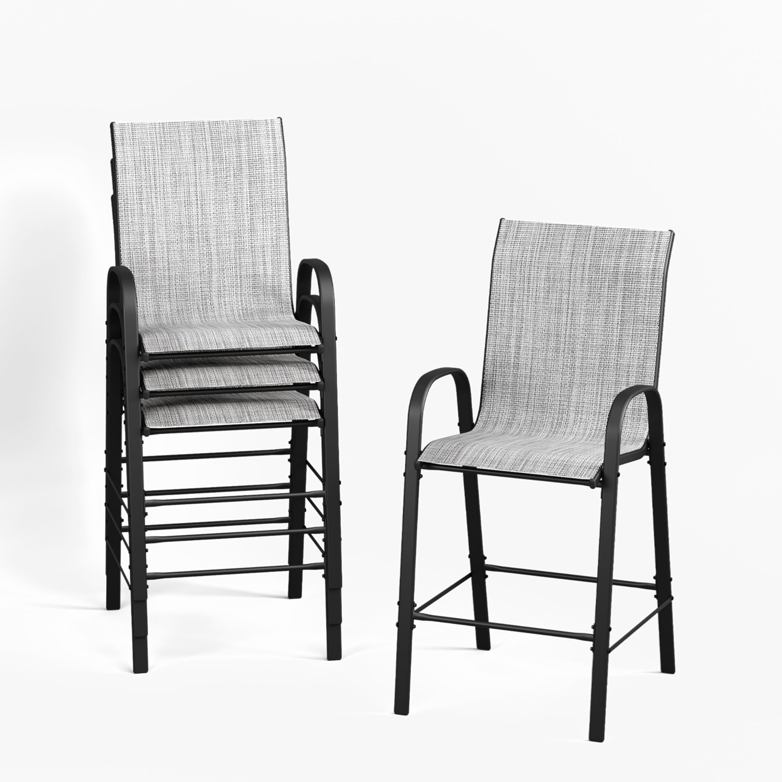 4-Piece All-Weather Outdoor Bar Stools Set - High Back Patio Bar Chairs for Backyard, Balcony & Poolside - Light Grey Patio Furniture for Entertaining & Relaxation