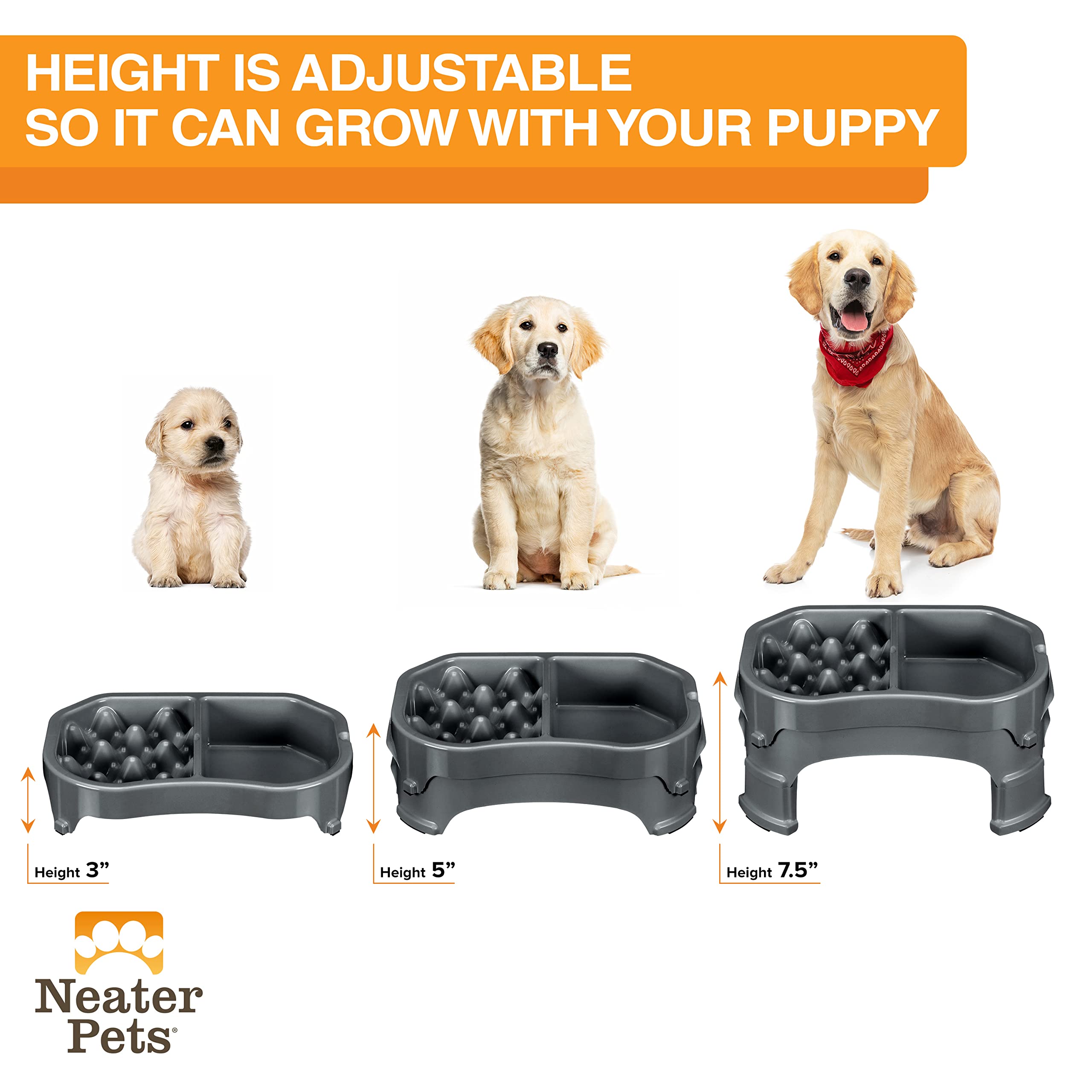 Neater Raised Slow Feeder Dog Bowl - Adjustable Elevated Pet Food Dish for Small & Medium Dogs - Anti-Gulping Design for Better Digestion - Perfect for Mealtime & Portion Control (Double Diner, Gunmetal)