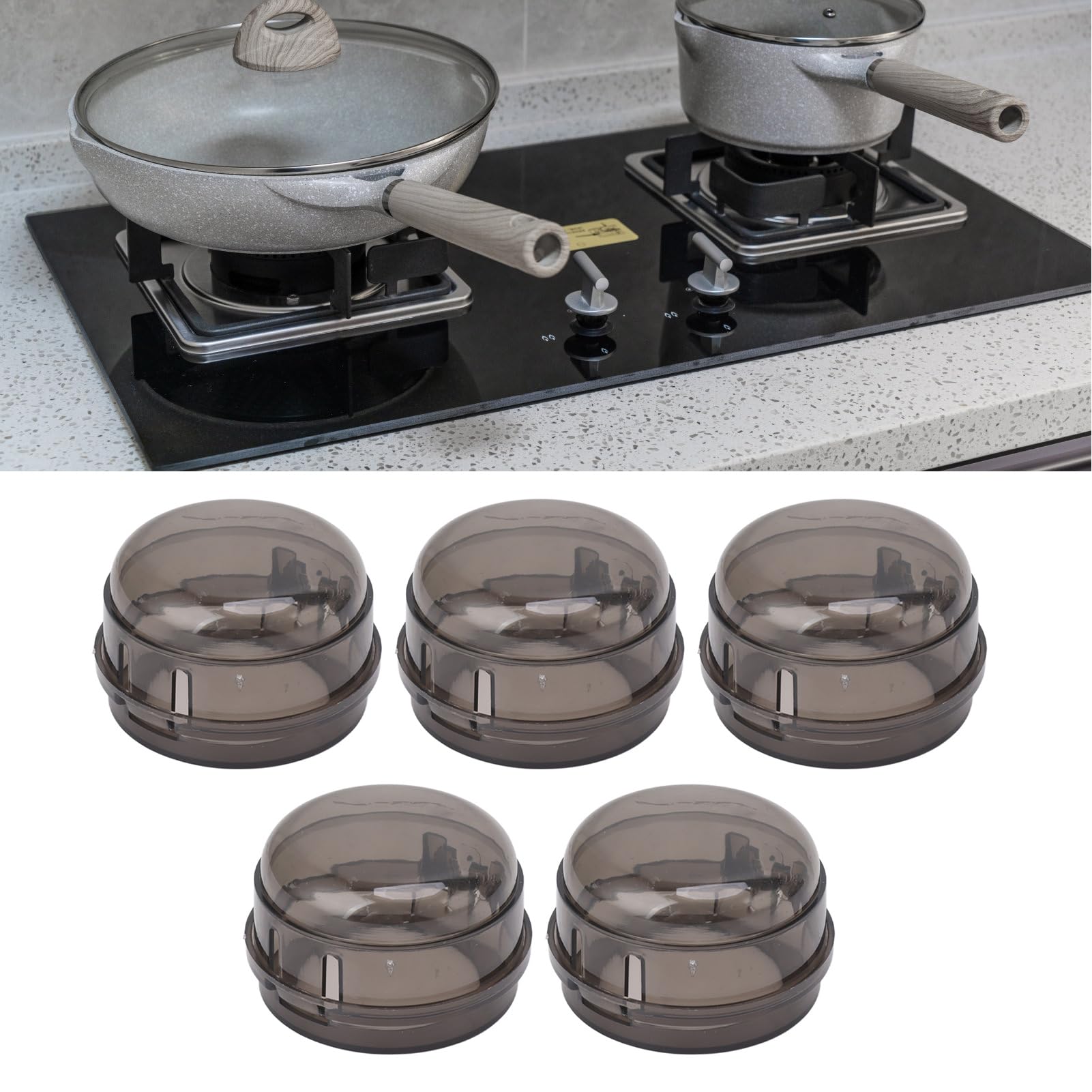 5-Pack Universal Stove Knob Covers for Child Safety - Heat Resistant Gas Oven Knob Protectors for Home, Restaurant & Hotel Use - Transparent Black (Prevent Accidental Burns in Kitchen)