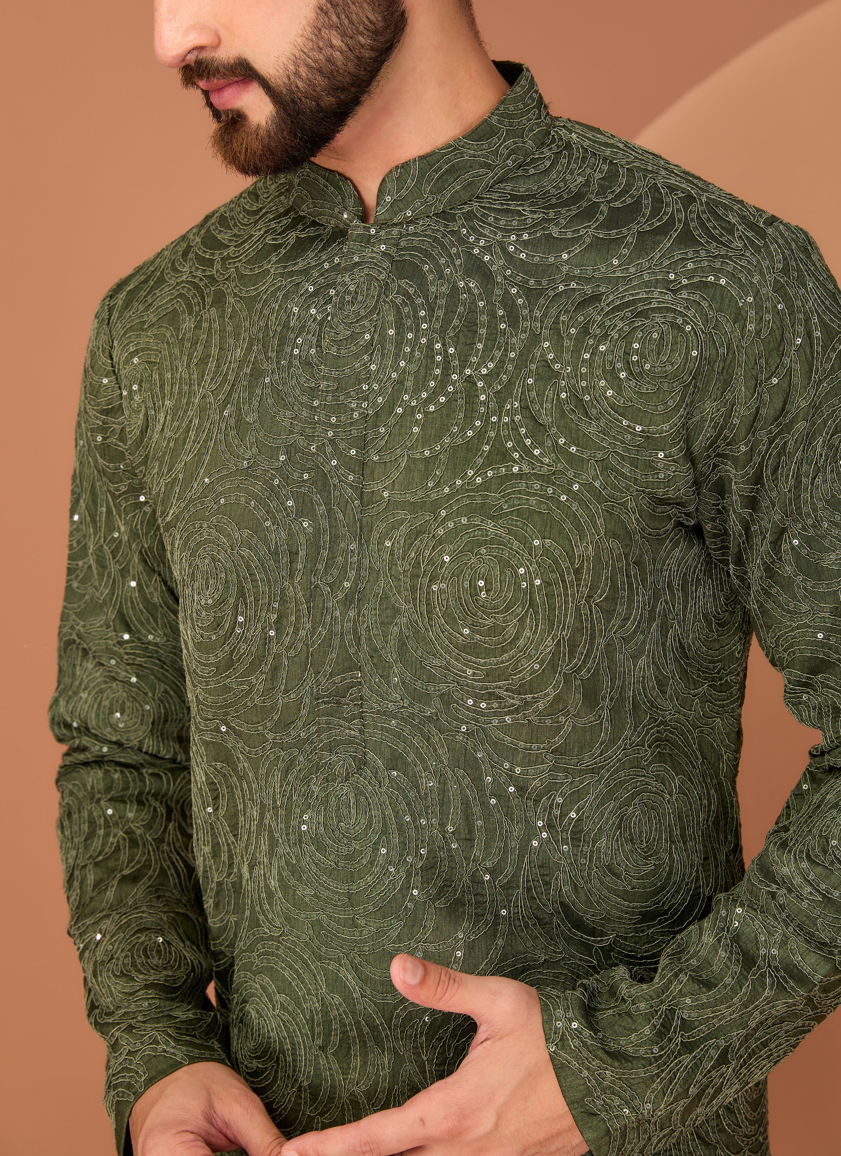 Military Green Floral Embroidered Kurta for Women - Elegant Indian Traditional Dress for Festivals, Weddings & Casual Wear