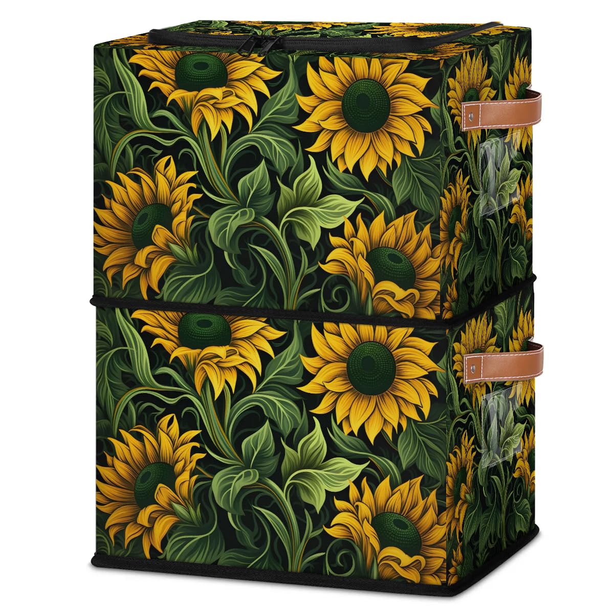 Collapsible Stackable Storage Bins with Lids - Cartoon Sunflower Design Fabric Closet Organizer for Clothes, Toys, Blankets | Space-Saving Home & Office Storage Solution for Bedroom, Kids Room & Dorm Organization