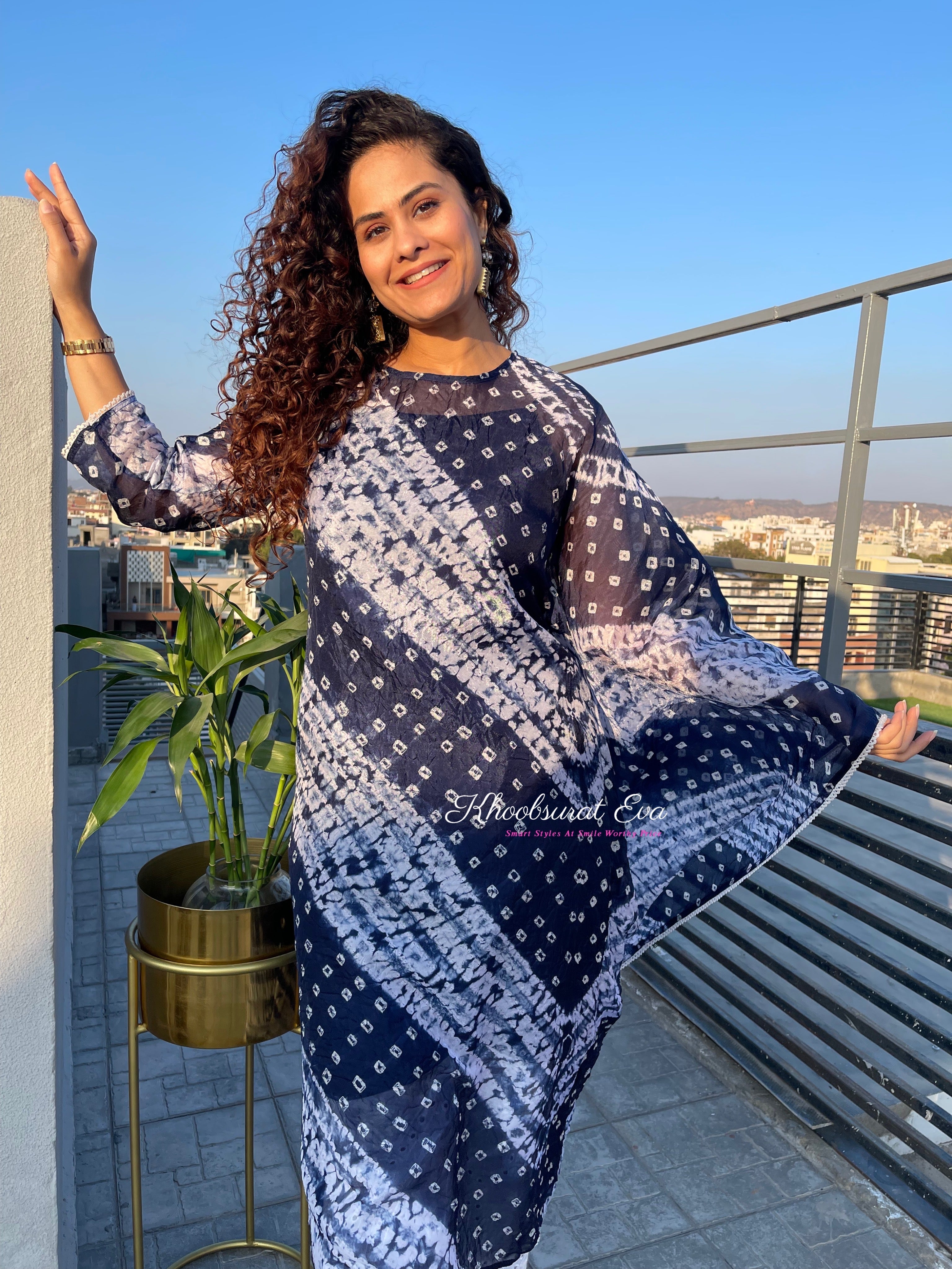 Stylish Blue Bandhani Kaftan Set for Women – Boho Chic Ethnic Outfit for Festivals, Parties & Beach Vacations