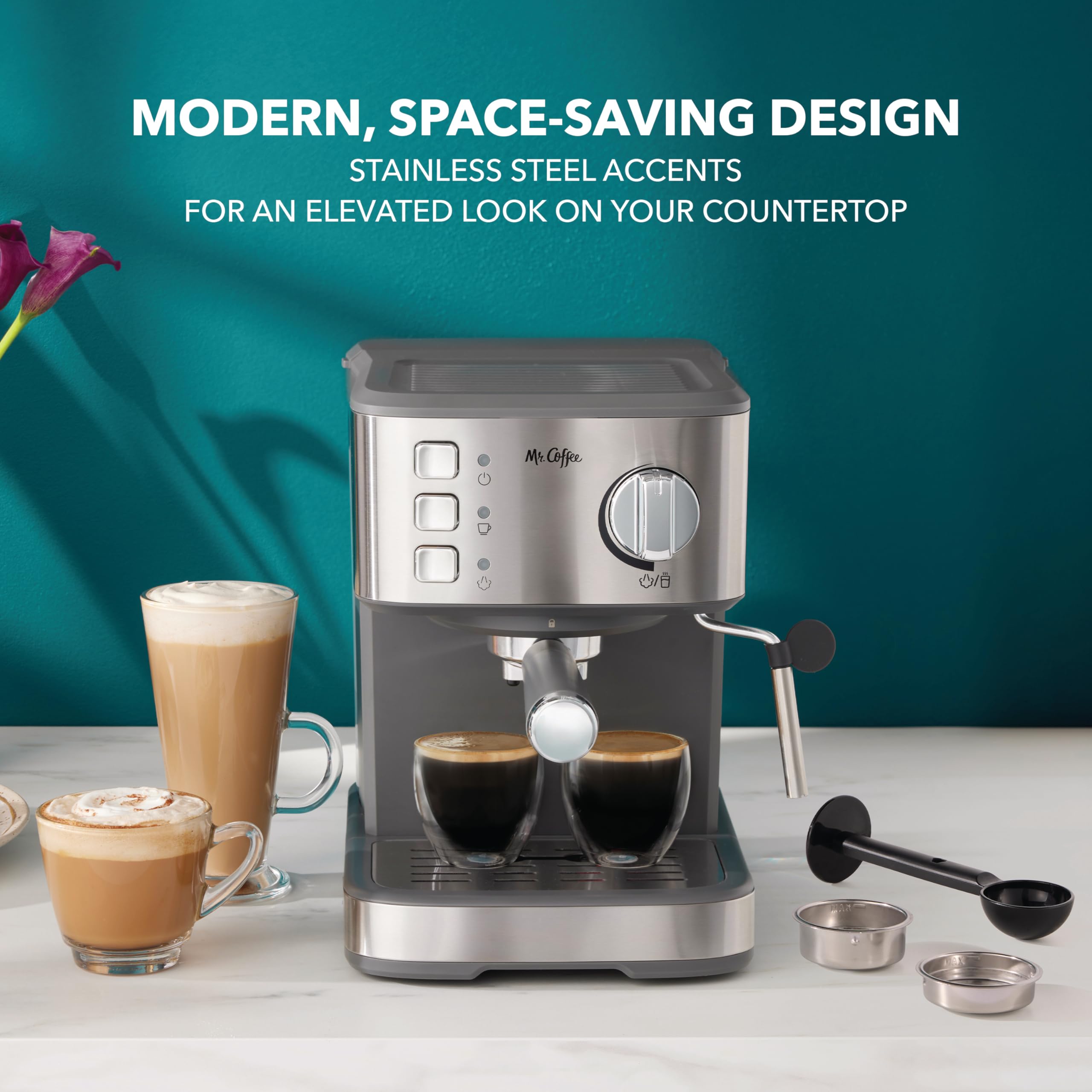 Mr. Coffee Compact Espresso and Cappuccino Machine - 15-Bar Pump Stainless Steel Programmable Coffee Maker with Steam Wand for Home & Office Use | Perfect for Espresso, Latte & Cappuccino Lovers