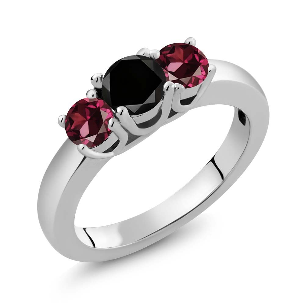 Gem Stone King 925 Sterling Silver Wedding Ring - 1.29 Ct Round Black Diamond & Red Rhodolite Garnet Bridal Jewelry - Perfect for Engagement, Anniversary, and Special Occasion Gifts