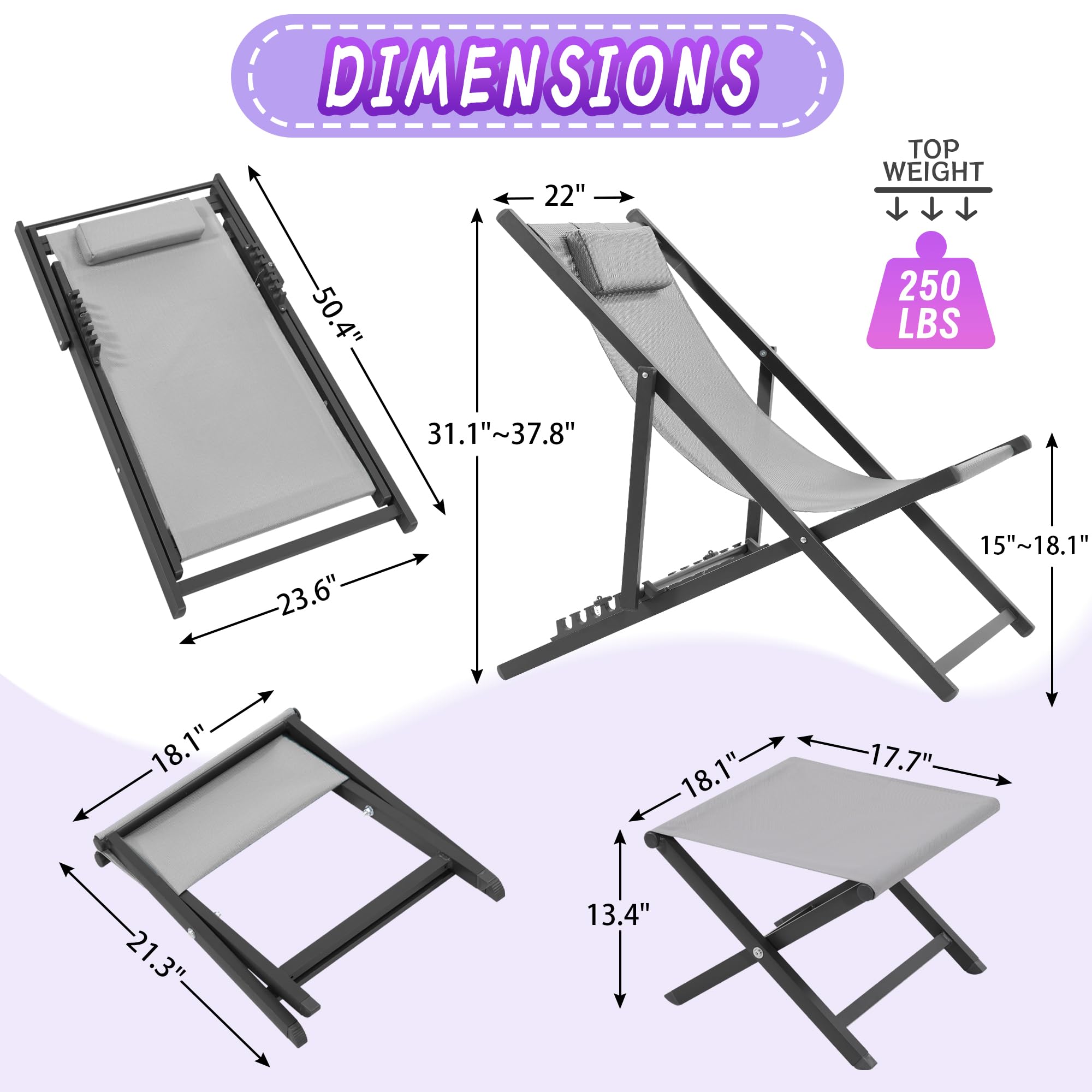 Set of 2 Outdoor Patio Sling Chairs with Matching Ottomans - Lightweight Foldable Aluminum Frame - Perfect for Deck, Poolside or Beach Relaxation - Grey - Great for Backyard Lounging, Vacation Homes & Summer Outdoor Gatherings