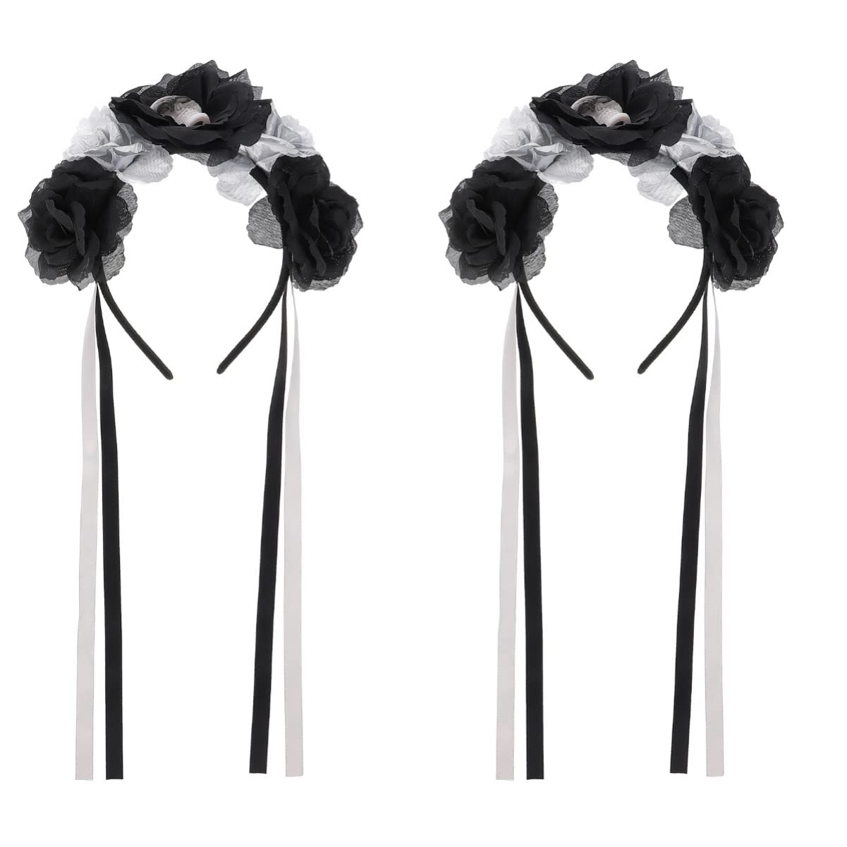 Bestoyard Set of 2 Halloween Headbands - Gothic Skull Veil Headpiece with Black Lace & Rose Accents for Women | Perfect for Halloween Costumes, Gothic Parties, Cosplay & Themed Events