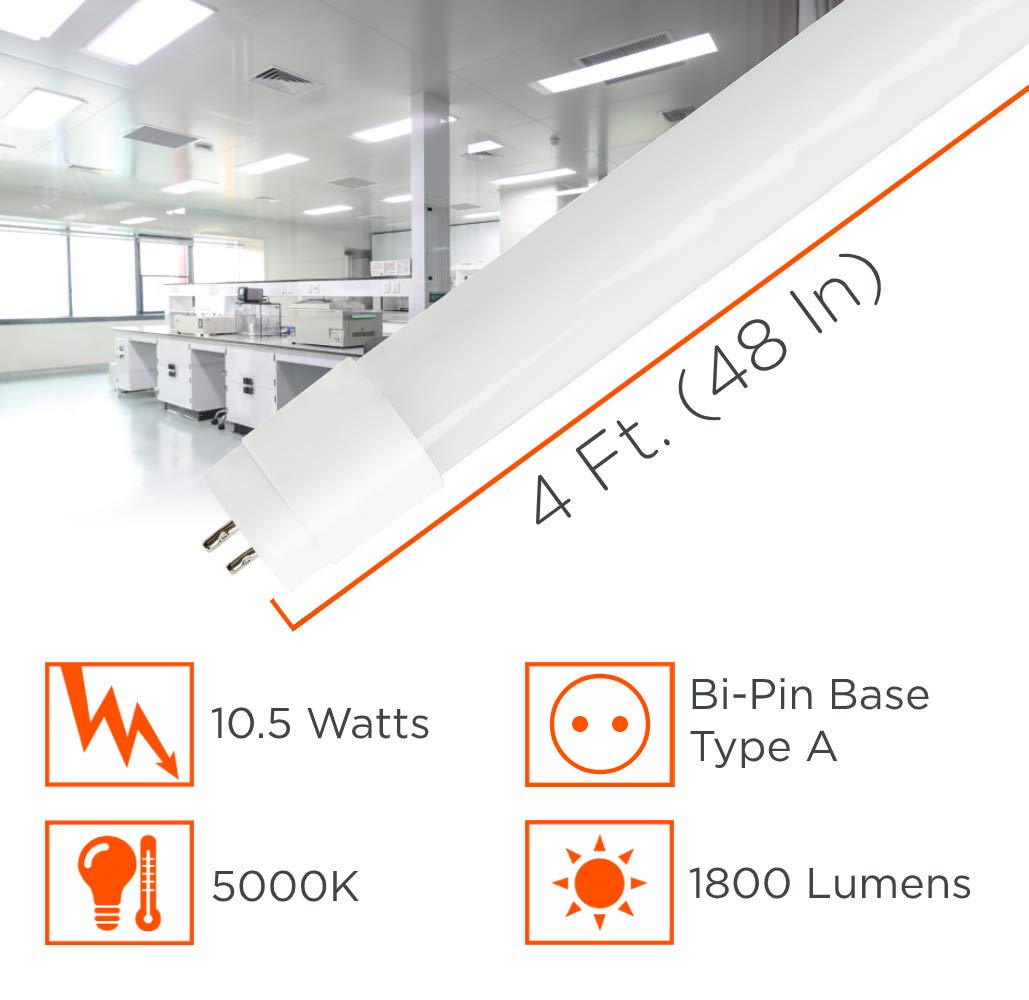 GoodBulb 4-Foot T8 LED Tube Lights - 10.5W (32W Equivalent), 5000K Daylight, 1800 Lumens, 83 CRI, Type A Plug & Play - Energy Efficient LED Bulbs for Offices, Warehouses, Garages & Commercial Lighting (Pack of 25)