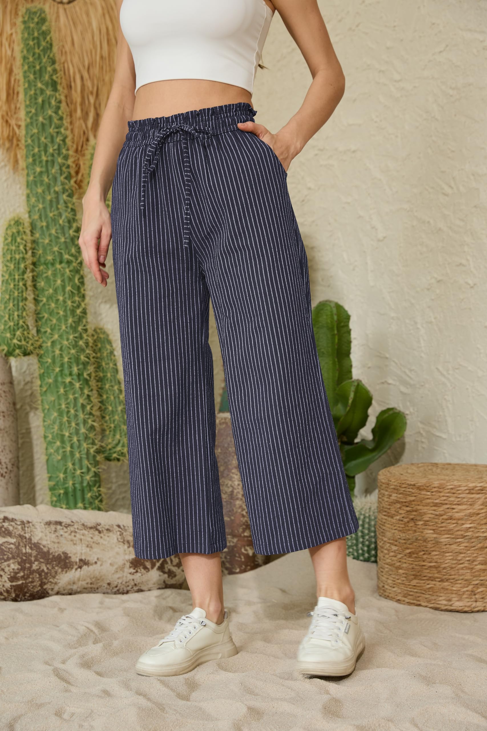 Women's Linen Pants Wide Leg High Waisted Drawstring Casual Loose Trousers with Pockets - Summer Boho Beachwear & Lounge Comfort Outfit