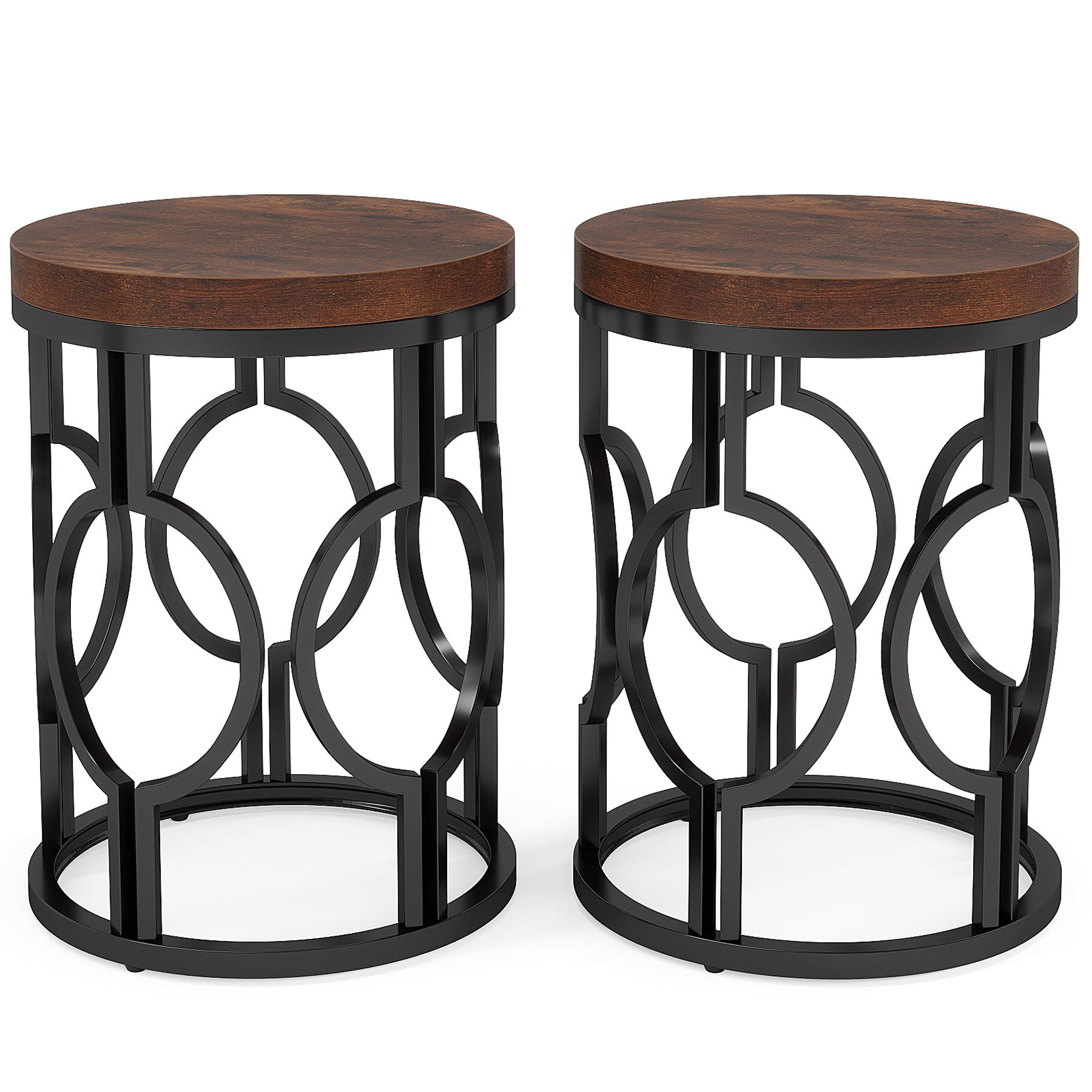 Industrial Round End Table with Metal Hollow Frame - Sturdy Side Table for Living Room, Bedroom, or Office Decor