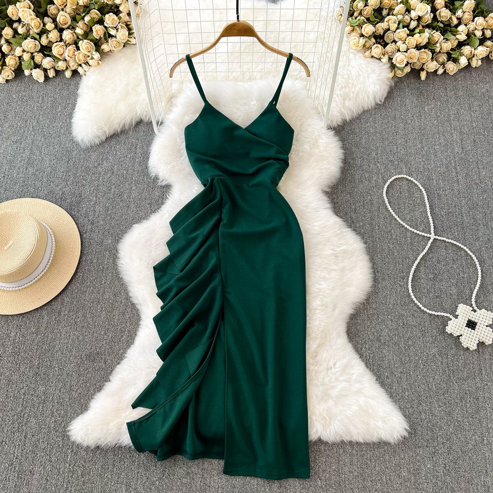 Elegant French-Inspired Thin Strap Long Skirt with Retro Ruffles & High Slit - Vintage Flowy Midi Dress for Women | Perfect for Date Nights, Summer Parties & Boho Chic Outfits