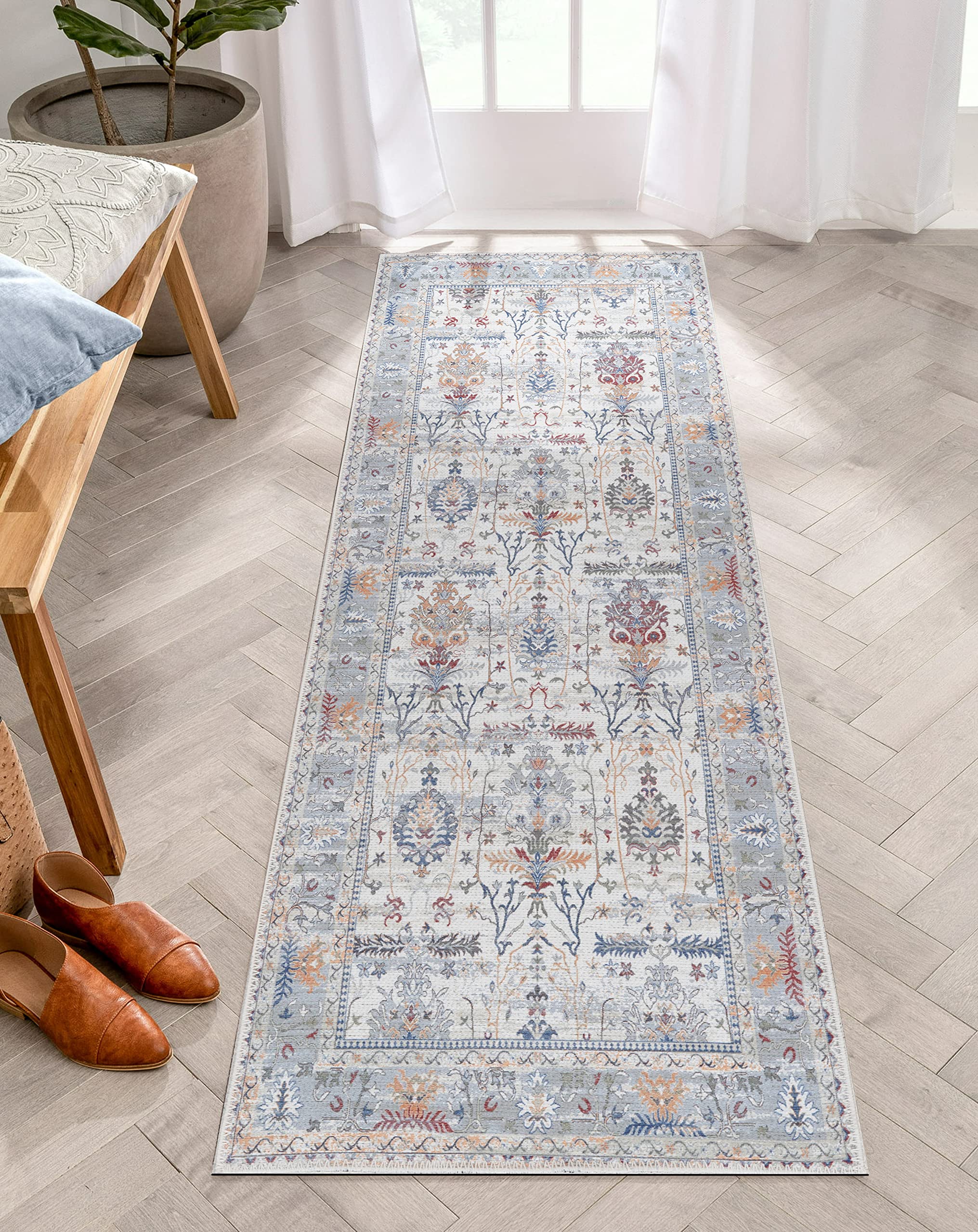 Adiva Rugs Machine Washable Area Rug - Vintage Persian Print Floor Carpet for Living Room, Bedroom, Bathroom, Kitchen - Soft Home Decor Mat (Multi, 2'6