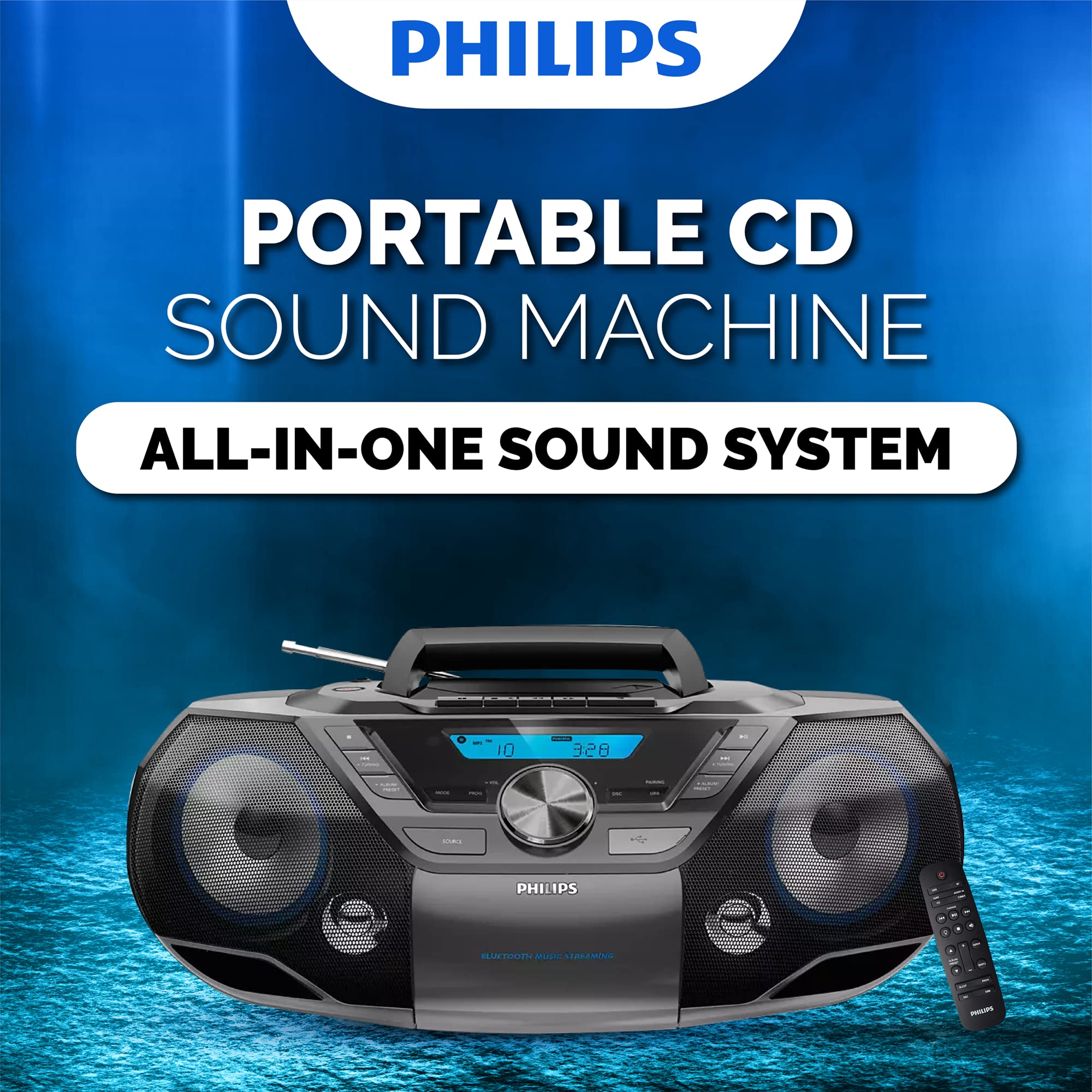 **Philips Portable CD Player Boombox with Bluetooth, Cassette Player, Mega Bass & FM Radio - USB/MP3/AUX Input, LCD Display - Perfect for Home, Parties & Outdoor Use**