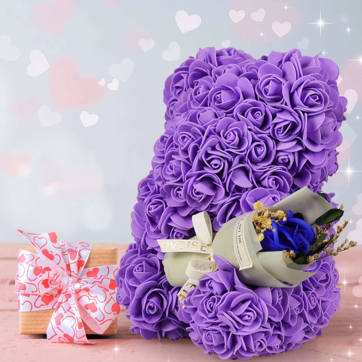 Purple Rose Bear Gift Set - Artificial Rose Teddy Bear with Bouquet & Greeting Card for Mother's Day, Birthday, Anniversary | Perfect Gift for Women, Wife, Mom, Grandma | Home Decor, Wedding Centerpiece, Romantic Present