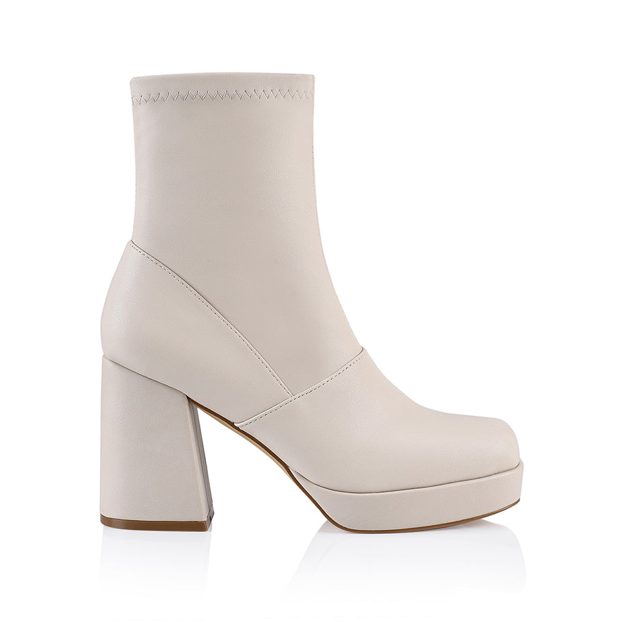 Avril Women's Platform Ankle Boots - Stretch Comfort Bone Color Chunky Heel Shoes for Casual Outfits & Fall Fashion