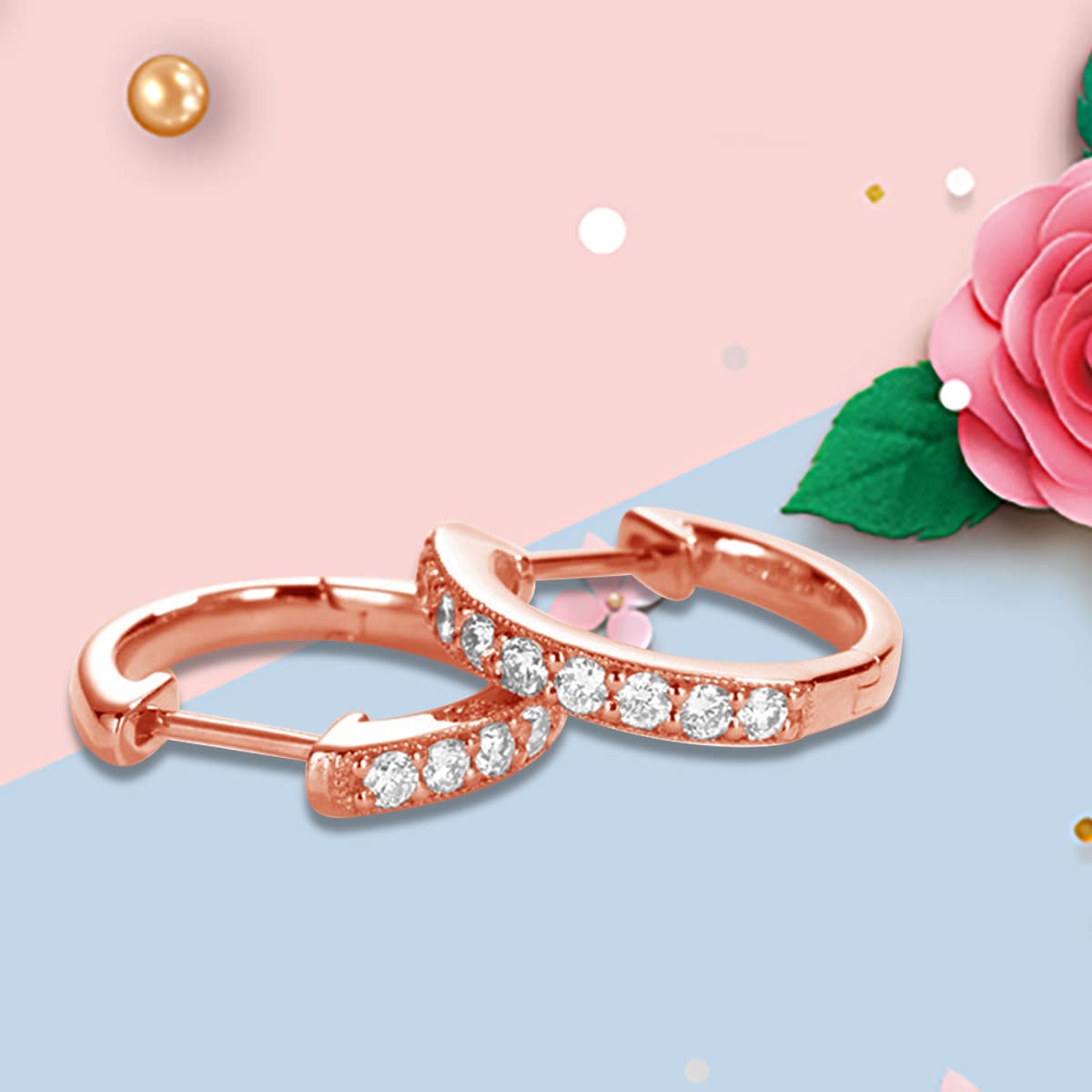 925 Sterling Silver Rose Gold Plated Hoop Earrings with Cubic Zirconia - Huggie Stud Cuff Earrings for Women | Elegant Everyday Wear & Gift for Her