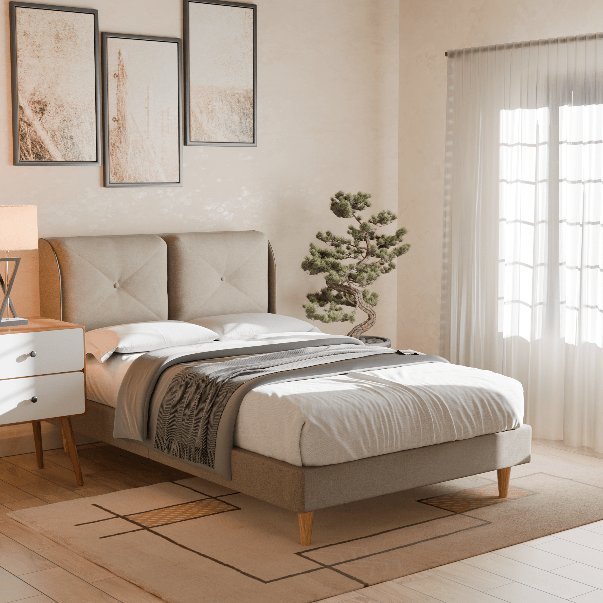 Mohave Fabric Bed Frame - Water Repellent & Dustproof Queen Size Platform Bed with Wooden Slats - Perfect for Bedroom, Guest Room & Small Spaces