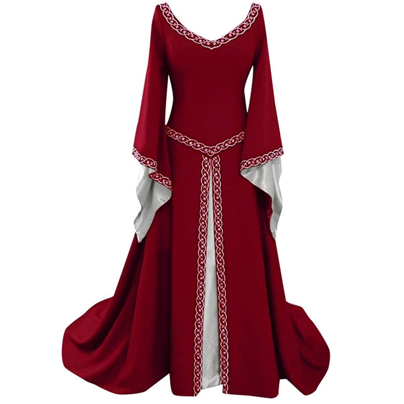 Bidobibo Gothic Dress for Women - Long Sleeve Medieval Style Solid Color Halloween Costume | Floor Length Elegant Evening Gown for Cosplay, Renaissance Fairs & Gothic Parties