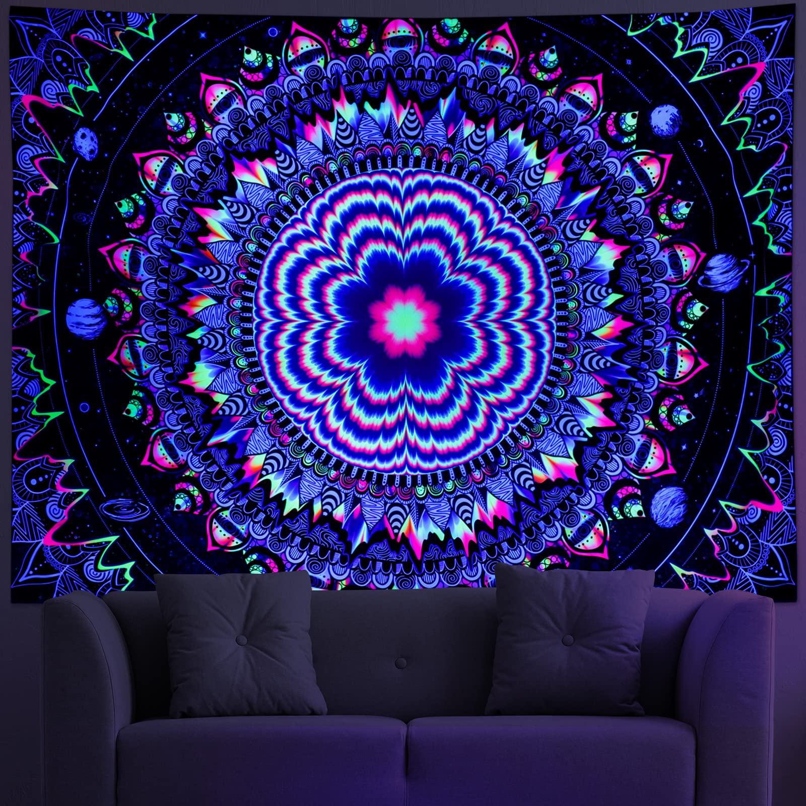UV Reactive Trippy Mandala Tapestry - Blacklight Galaxy Stars Wall Hanging | Psychedelic Neon Hippie Decor for Bedroom, Living Room & Dorm | Glow in The Dark Party & Meditation Space Decor