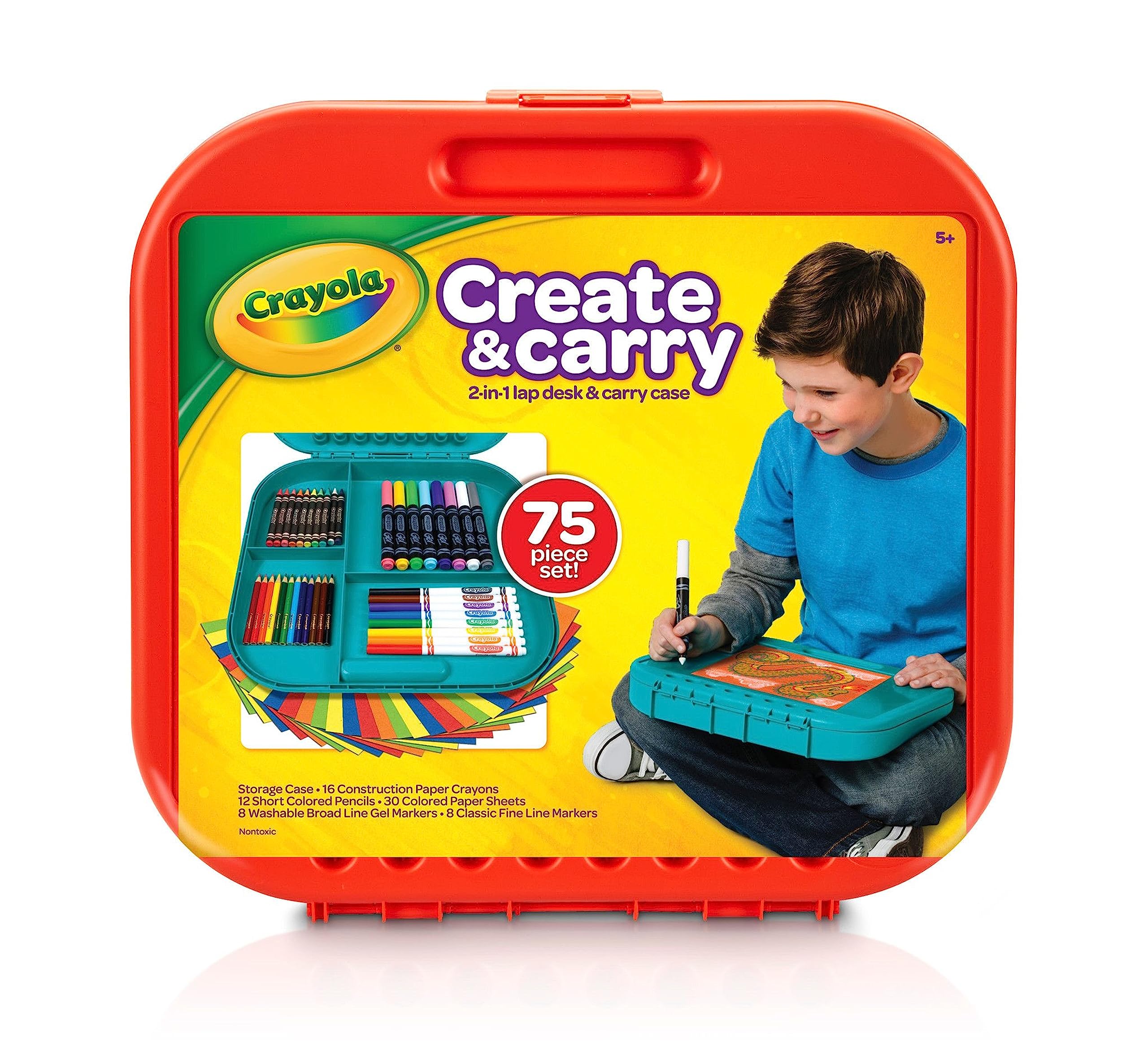 Crayola Create 'N Carry 75-Piece Art Set - 2-in-1 Lap Desk & Carrying Case for Kids | Drawing, Coloring & Craft Supplies | Perfect for Travel, Birthday & Easter Gifts | Ideal for Home, School & Road Trips