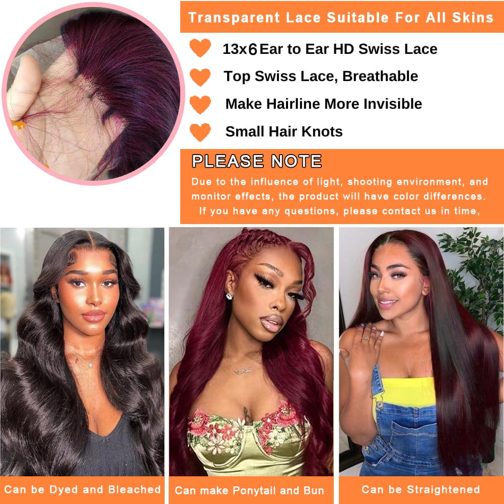 Burgundy 13x6 HD Lace Front Wig Human Hair 99J Body Wave 180% Density Pre-Plucked Virgin Hair - 28 Inch Full & Thick Lace Wig for Women | Perfect for Daily Wear, Parties & Special Occasions