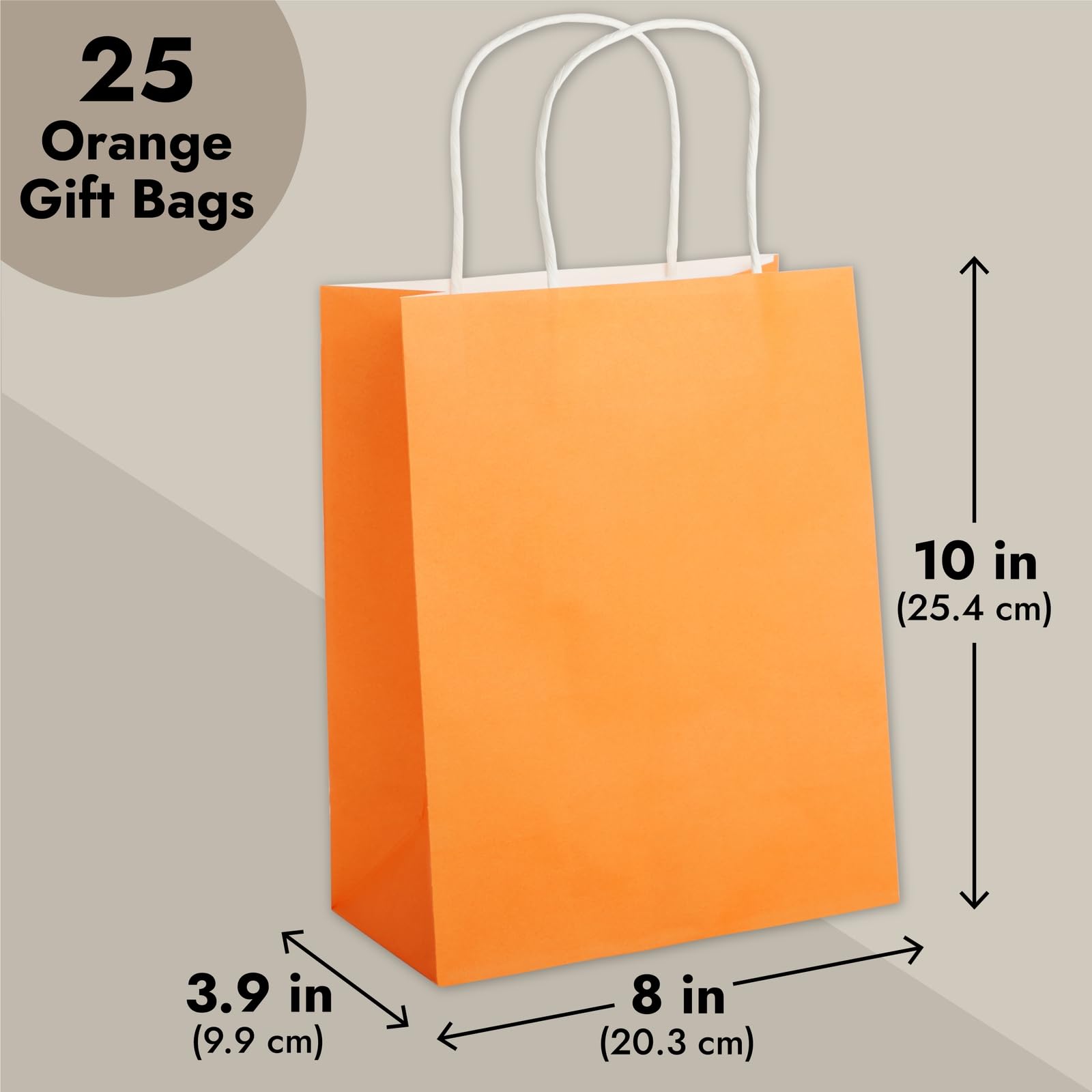 BLUE PANDA 25-Pack Orange Gift Bags with Handles - Medium Size 8x3.9x10 Inch Kraft Paper Bags for Birthday Party Favors, Wedding Favors, Retail Packaging & Holiday Gifts - Perfect for Candy, Small Toys & Party Supplies