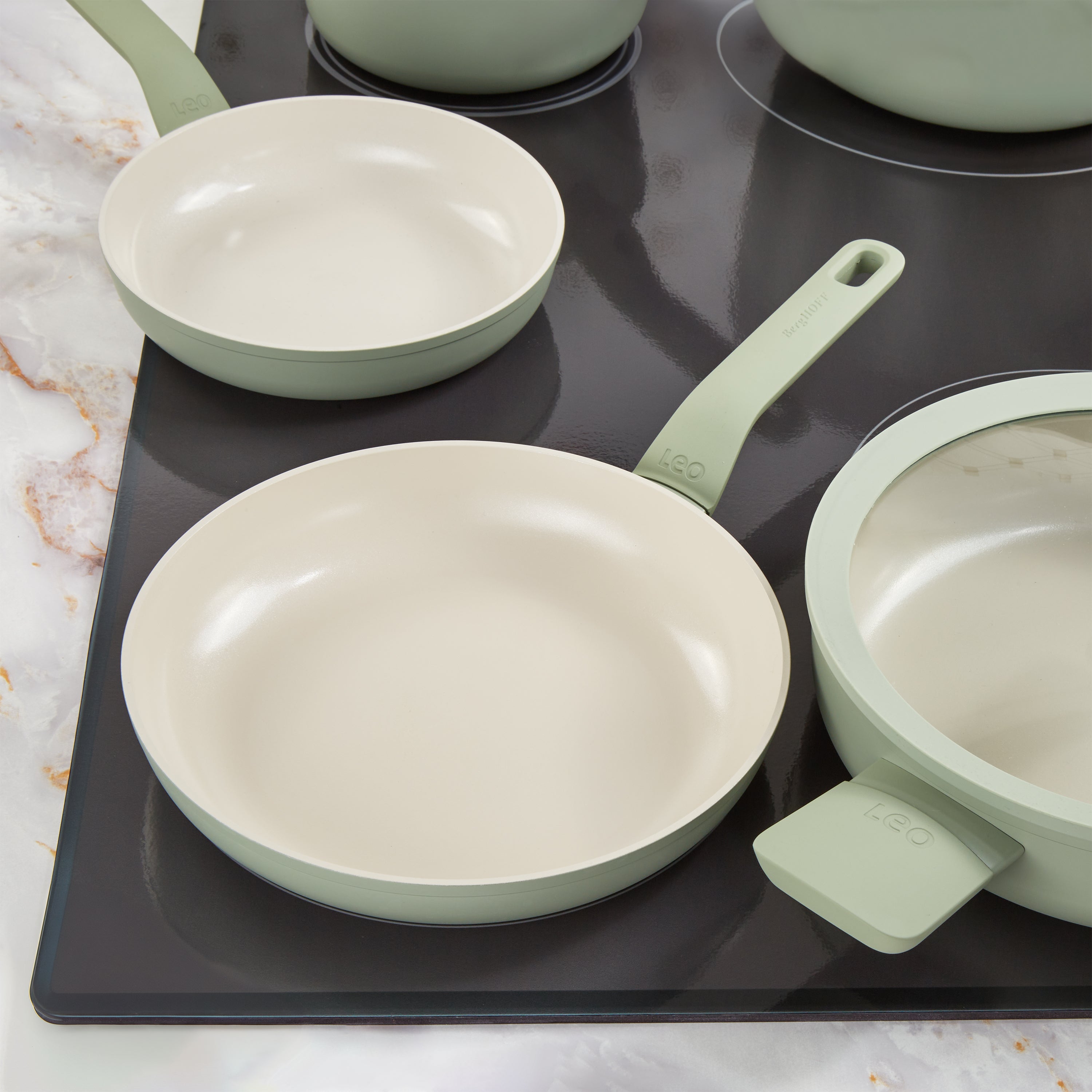BergHOFF Leo Balance 11-Piece Nonstick Aluminum Cookware Set with Glass Lids - Sage Green | Durable Kitchen Pots & Pans for Cooking, Frying & Sauteing | Perfect for Home Chefs & Everyday Meals