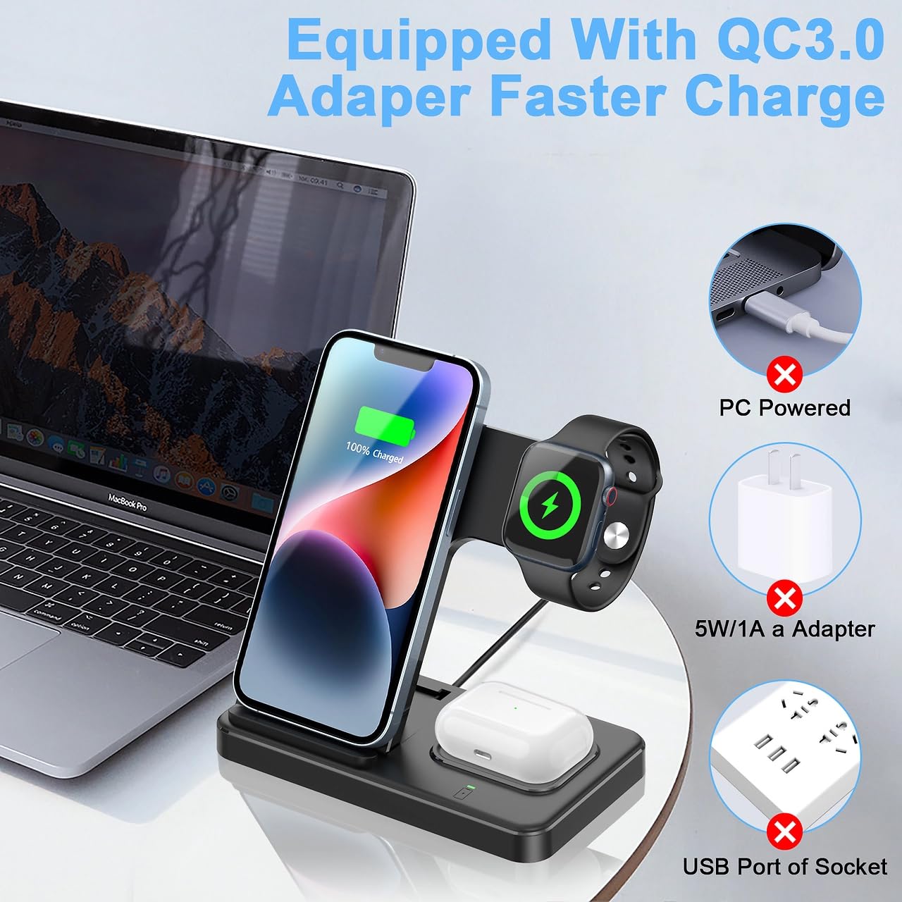 3 in 1 Wireless Charging Station for iPhone 16/15/14/13, Apple Watch & AirPods - Fast Qi-Certified Charger Stand with Night Light | Perfect for Bedside, Office Desk & Travel Accessories