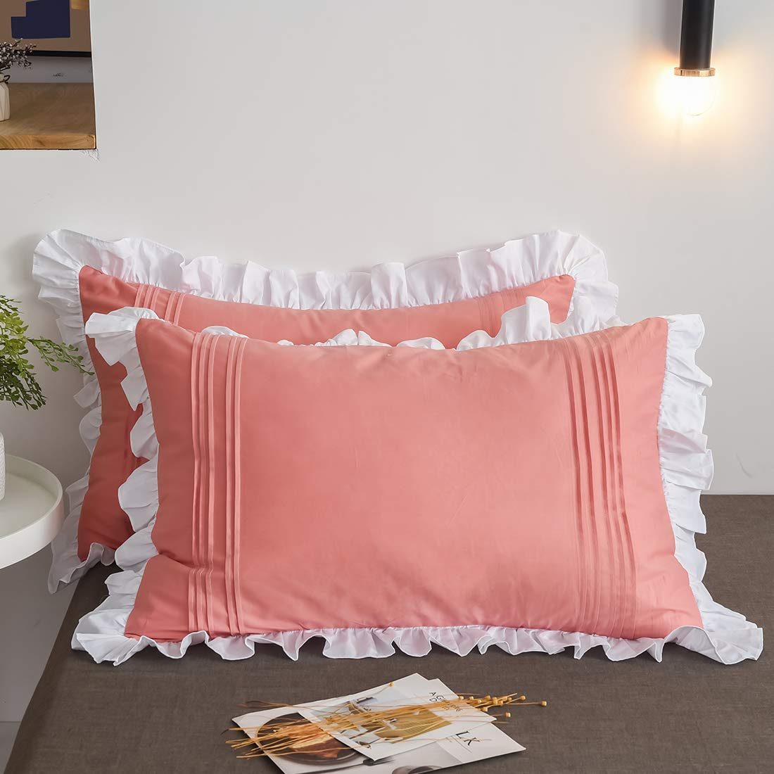 FADFAY 100% Cotton 600 Thread Count Twin Princess Bedding Set - Elegant Ruffle Duvet Cover with Lace Trim, Zipper Closure & Corner Ties | Ultra Soft, Anti-Fade Coral Pink Comforter Cover for Girls | Perfect for Kids' Bedrooms, Sleepovers & Nursery Decor