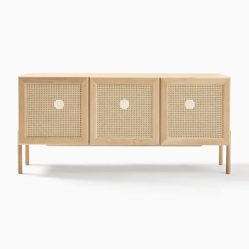 Modern High Sideboard with Woven Rattan Doors | Mid-Century Buffet Cabinet with Cane Weave Design | Perfect for Dining Room Storage & Living Room Organization