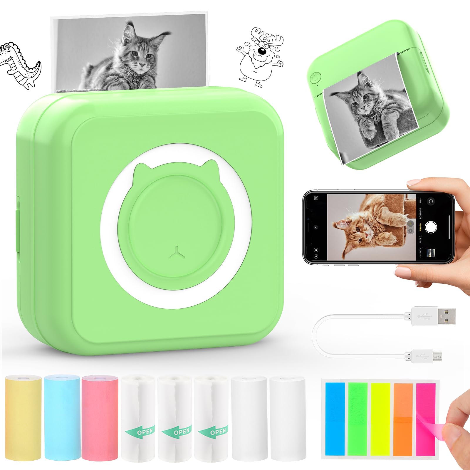 QYCHHJ Bluetooth Mini Thermal Printer for iPhone Android Tablet - Portable Inkless Sticker Printer with 8 Rolls Thermal Paper - Perfect for Study Notes, Journal Memos, Photos & Pictures (Green) | Great for Students, Office Work, Travel & Home Organization