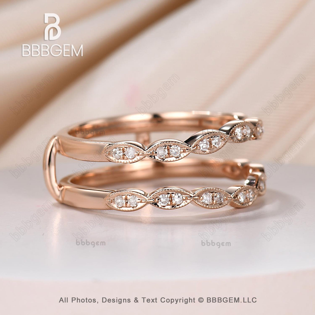 14K Rose Gold Plated Marquise Diamond Moissanite Double Wedding Stacking Ring for Women - Vintage Style Wrap Band Enhancer, Perfect for Anniversary, Engagement & Bridal Jewelry Gifts