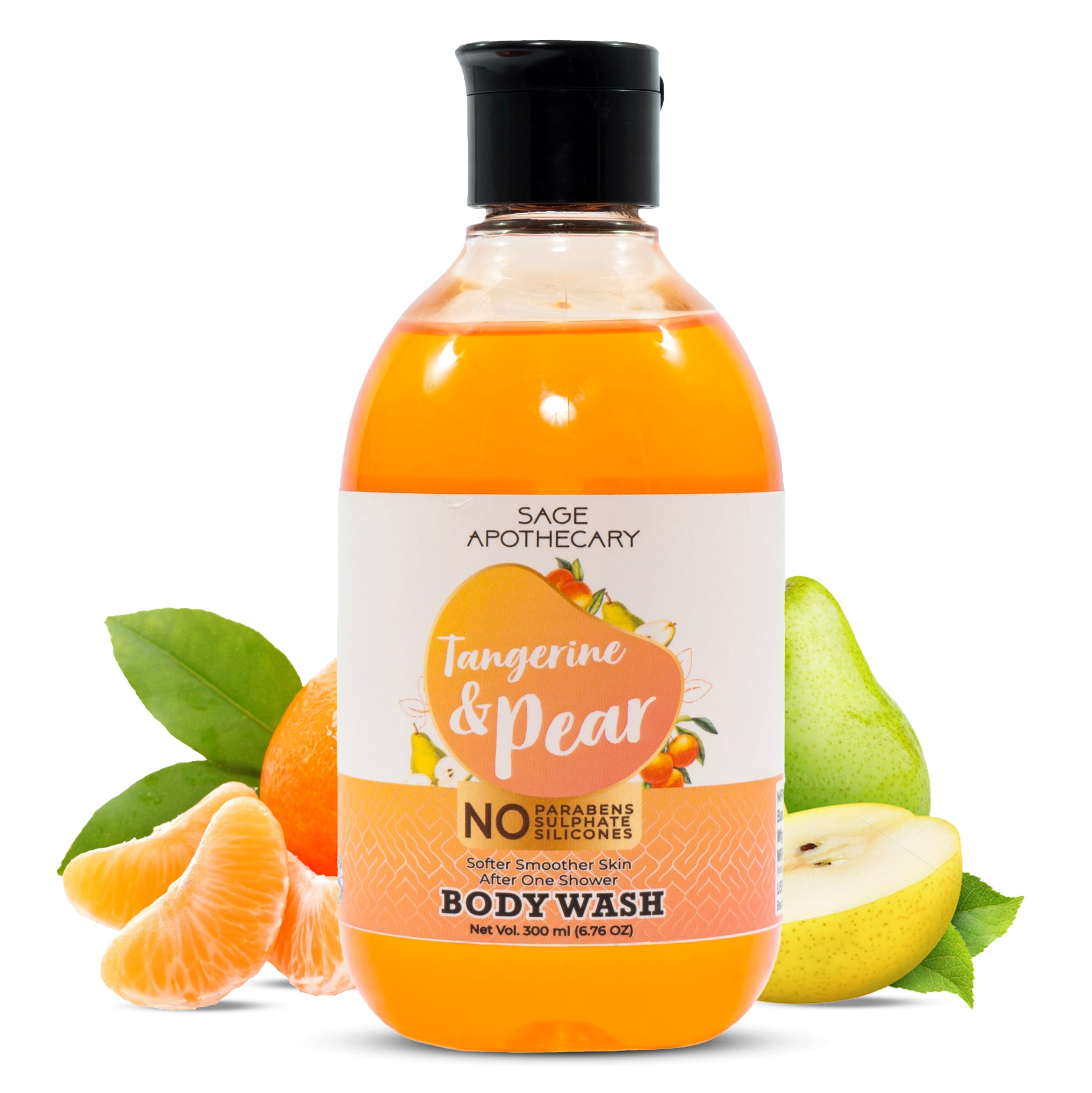 Sage Apothecary Natural Body Wash for Refreshing & Healthy Skin - 300ml (Tangerine & Pear Scent) | Hydrating & Gentle Cleanser for Daily Shower, Spa & Relaxation