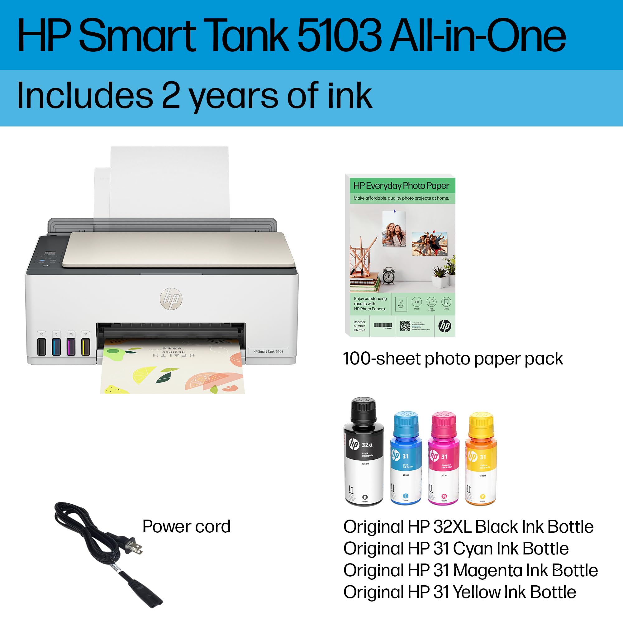 HP Smart Tank 5103 Wireless All-in-One Ink Tank Printer with 2 Years of Ink Supply & 100 Photo Papers - Print, Scan, Copy for Home Office | Refillable Ink System (5D1B2A) | Perfect for Remote Work, School Projects & Family Photo Printing