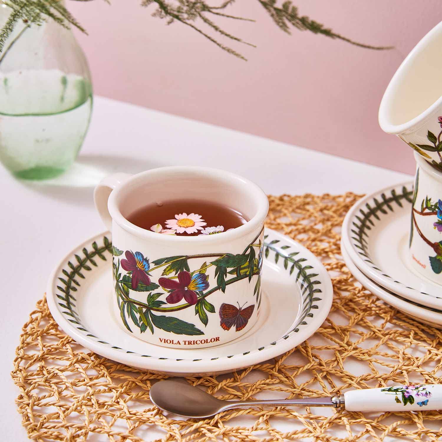 Portmeirion Botanic Garden 7oz Teacup and Saucer Set of 4 - Poppy Floral Design, Drum Shaped Porcelain Tea Cups with Chip-Resistant Glaze - Dishwasher, Microwave, Oven Safe - Perfect for Afternoon Tea, Bridal Shower, Mother's Day Gift, and Home Decor