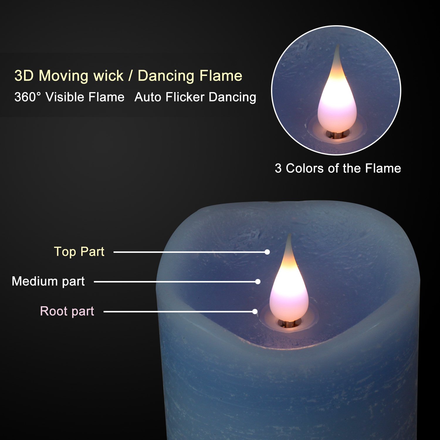 3D Moving LED Flameless Candle with Timer - Real Wax Battery Operated LED Candles (3 x 7 Inches, Blue) for Home Decor, Wedding Centerpieces, Romantic Dinner Lighting & Holiday Ambiance