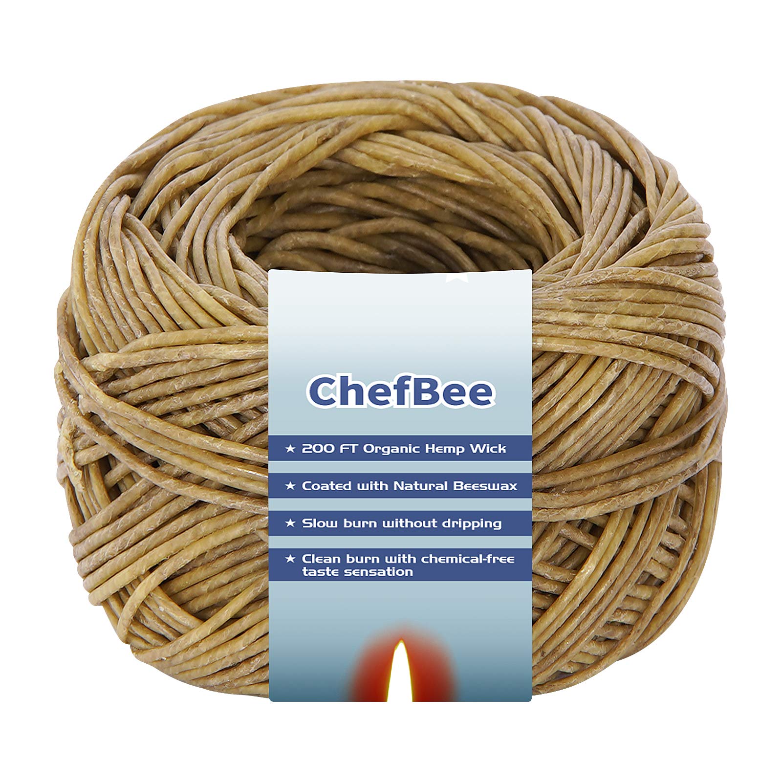 **CHEFBEE 200 FT Organic Hemp Wick - Natural Beeswax Coated for Slow Burning, No Drip - Perfect for DIY Candle Making, Hemp Wick Lighters & Aromatherapy (1.1mm Standard Size)**