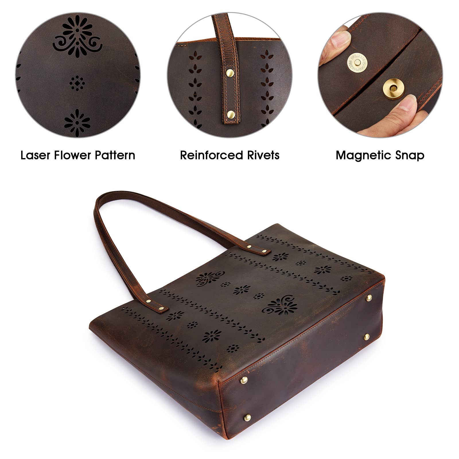 Kattee Women's Genuine Leather Tote Bag - Vintage Shoulder Purse with Top Handle - Thick Full Grain Leather Work Bag for Office, Travel & Everyday Use