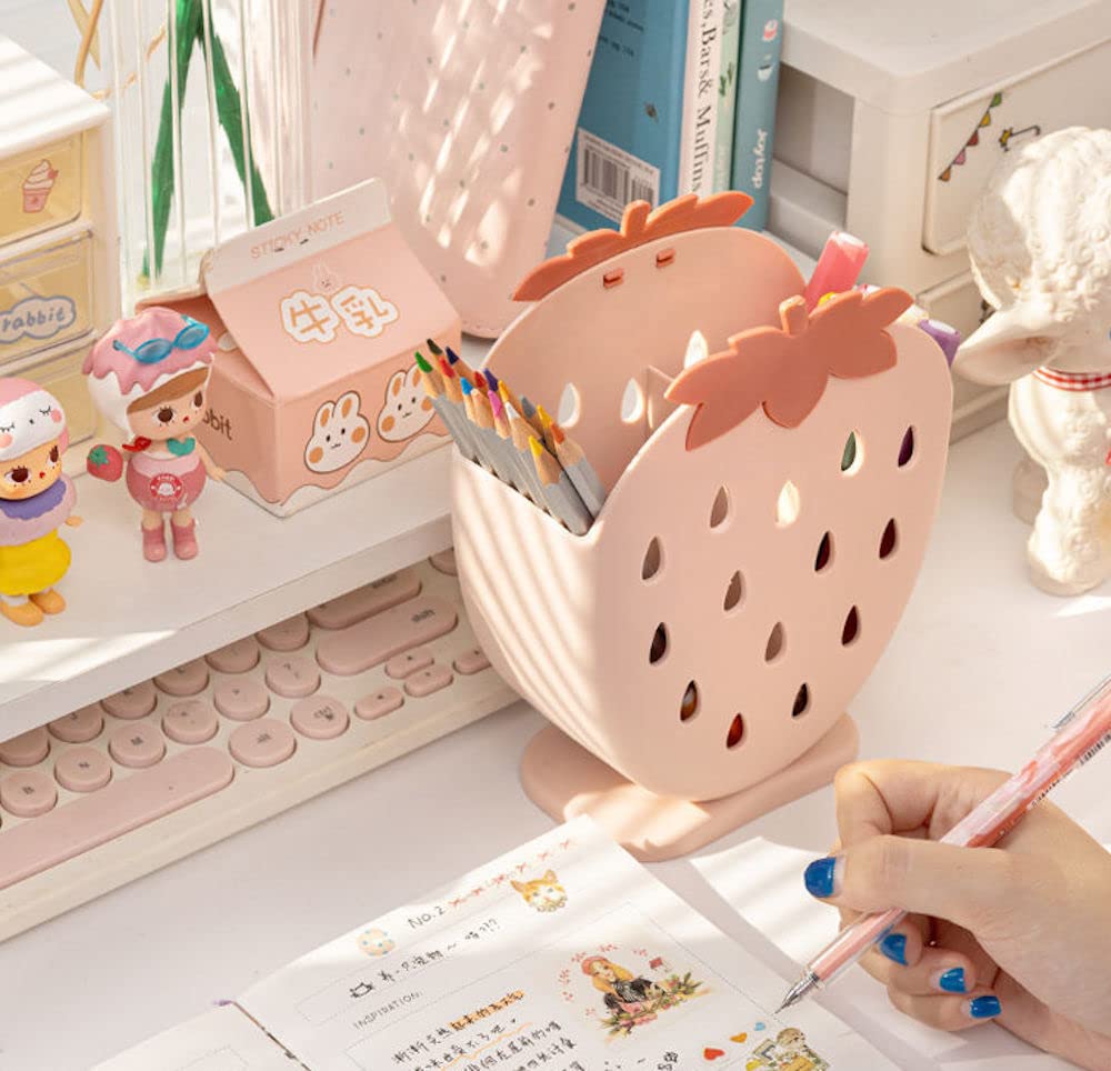 Cute Kawaii Strawberry Desk Organizer with 2 Compartments - Pencil Holder, Makeup Brush Organizer & Pen Storage for School, Office & Home Decor (Sage Green) | Perfect for Teens Room, Study Desk & Vanity Organization