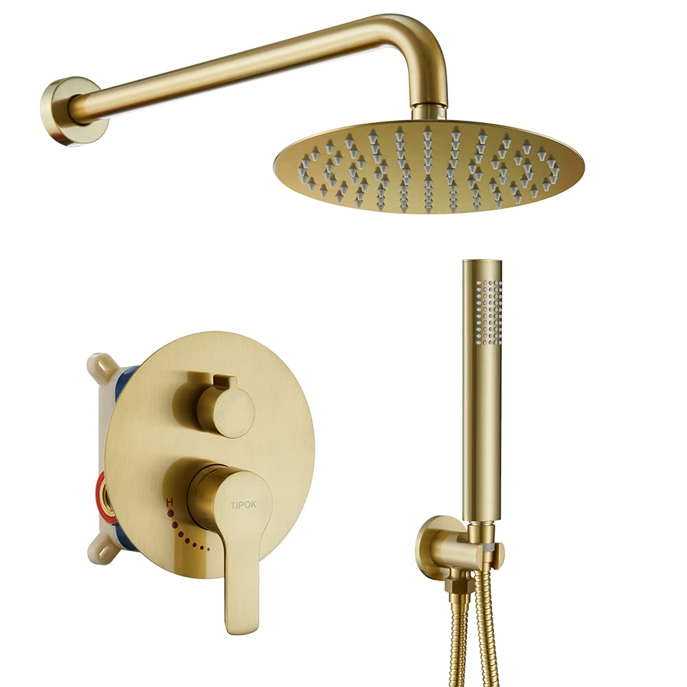 TIPOK Brushed Gold Shower System - 8 Inch Rainfall Shower Head with Handheld Sprayer, Wall Mounted Bathroom Faucet Set - Perfect for Luxurious Spa Experience and Modern Bathroom Decor