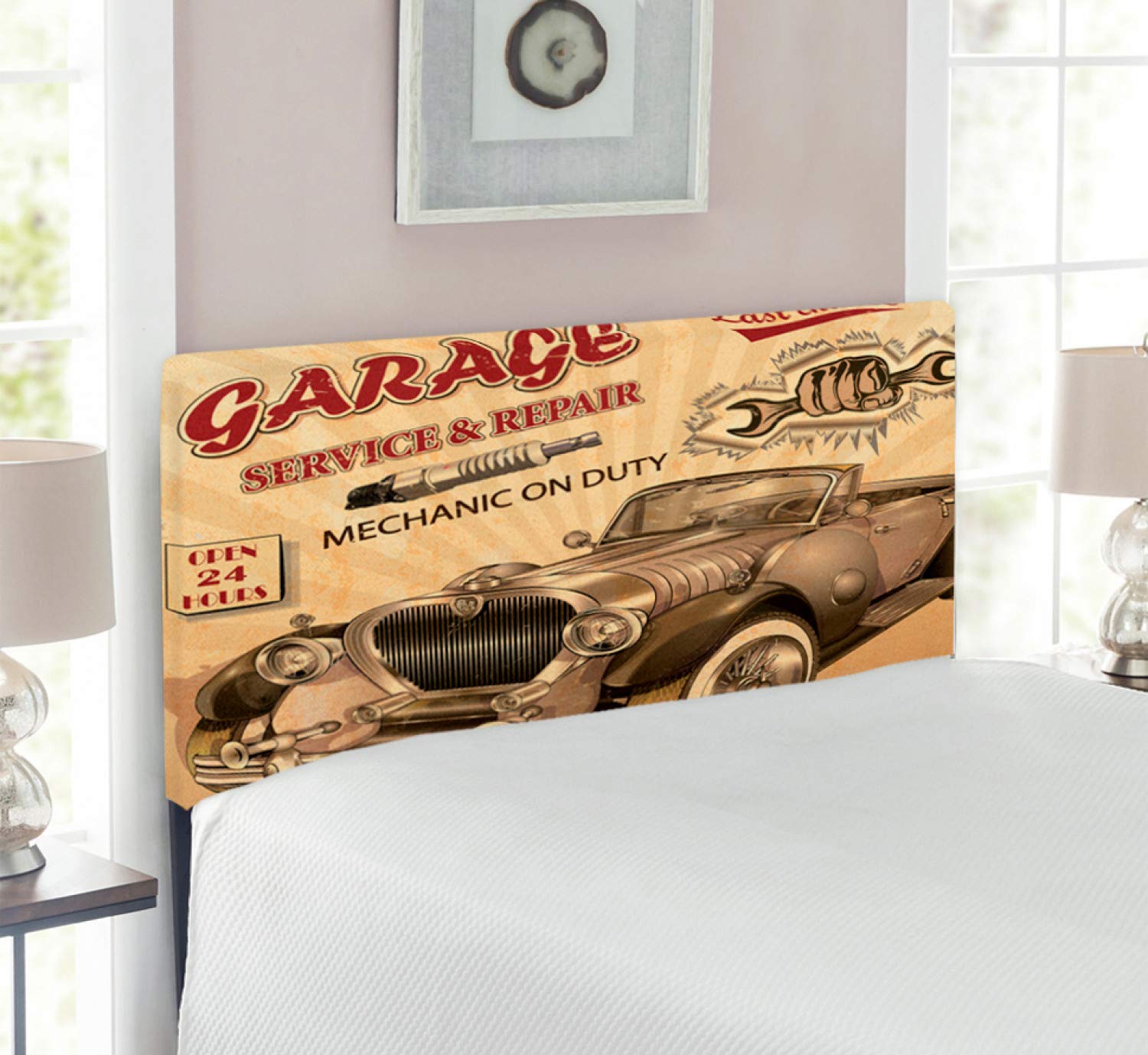Vintage Car Garage Headboard - Nostalgic Service & Repair Store Print, Upholstered Metal Bed Frame with Memory Foam - Twin Size Sepia Red - Perfect for Retro Bedroom & Man Cave Decor
