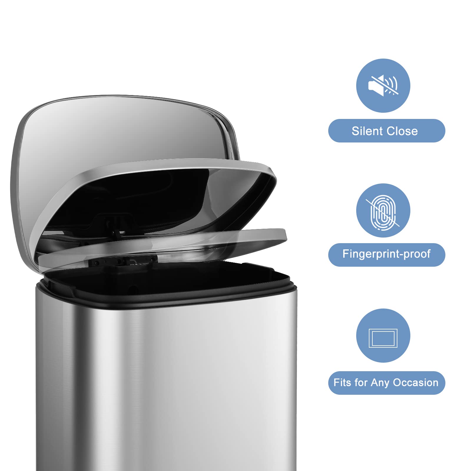 Premium Stainless Steel Trash Can with Silent Lid - 50L Durable Pedal Garbage Bin for Kitchen, Bathroom & Office - Odor-Proof Inner Bucket, Hands-Free Operation (Silver) - Perfect for Home, Restaurant & Commercial Use